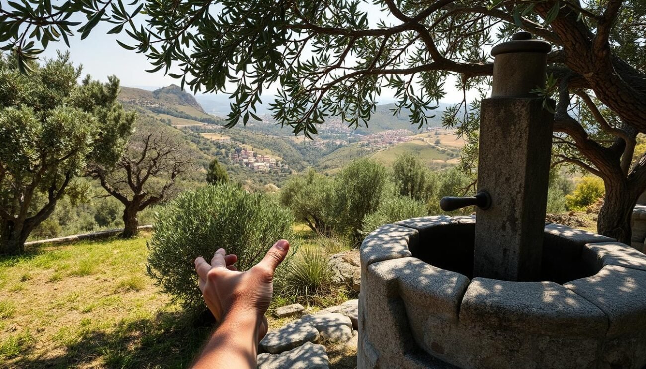 A rustic hillside in the Campanian countryside, lined with gnarled olive trees casting dappled shadows. In the foreground, a farmer's weathered hands gently caress the lush green leaves, a lifetime of experience etched in their skin. The midground reveals a traditional stone press, its worn surfaces polished by generations of use. In the distance, rolling hills dotted with historic villages bask in the warm Mediterranean light. This is the timeless tableau of the Campanian olive oil tradition, a living heritage passed down through the centuries.