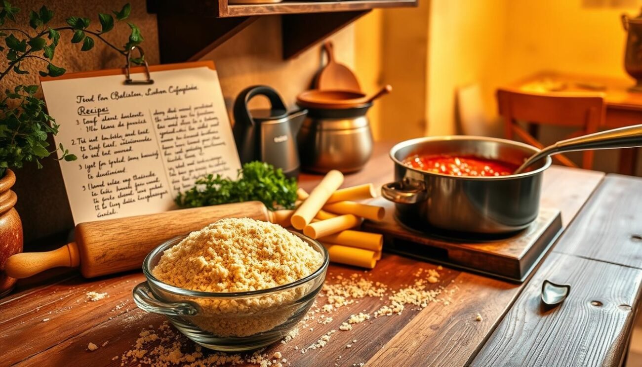 A rustic kitchen counter, adorned with a handwritten recipe card, fresh herbs, and a rolling pin. In the foreground, a bowl of breadcrumbs waits patiently, ready to be fried to a golden crisp. Nearby, a saucepan simmers with a rich, tomato-based sauce, its aroma filling the air. The warm, amber lighting casts a cozy glow, as if inviting the viewer to step into this traditional Italian kitchen. In the background, a worn wooden table stands, set with a simple, yet elegant place setting, hinting at the delicious meal to come. The overall atmosphere evokes a sense of homemade comfort and the proud culinary traditions of Basilicata. A rustic kitchen counter, adorned with a handwritten recipe card, fresh herbs, and a rolling pin. In the foreground, a bowl of breadcrumbs waits patiently, ready to be fried to a golden crisp. Nearby, a saucepan simmers with a rich, tomato-based sauce, its aroma filling the air. The warm, amber lighting casts a cozy glow, as if inviting the viewer to step into this traditional Italian kitchen. In the background, a worn wooden table stands, set with a simple, yet elegant place setting, hinting at the delicious meal to come. The overall atmosphere evokes a sense of homemade comfort and the proud culinary traditions of Basilicata.