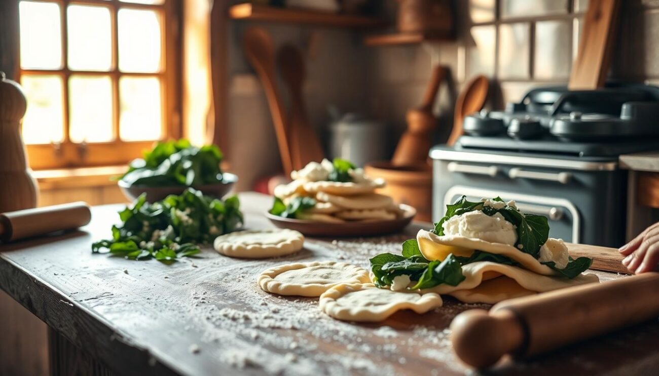 A rustic kitchen counter, dusted with flour, as a skilled hand carefully rolls out delicate dough. Piles of fresh spinach and creamy ricotta await their transformation into the signature Tirtlan of the Puster Valley. Warm light filters through the window, casting a gentle glow on the scene. Wooden utensils and a vintage-inspired stove set the stage for this traditional culinary ritual. The promise of savory, flavorful stuffed fritters lingers in the air, inviting the viewer to imagine the comforting aroma and satisfying texture of these homemade delights.