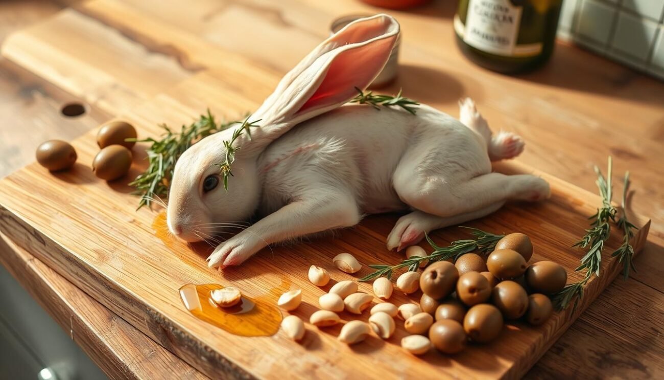 A rustic kitchen counter with a wooden cutting board, a freshly butchered rabbit, heirloom Taggiasche olives, and a handful of pine nuts. The rabbit's fur is neatly removed, revealing its supple, pinkish flesh. Olive oil glistens on the surface, and a few sprigs of fragrant herbs add a touch of greenery. The lighting is soft and warm, casting gentle shadows that accentuate the textures. The atmosphere evokes the coastal charm of the Italian Riviera, where this traditional Ligurian rabbit preparation originates.