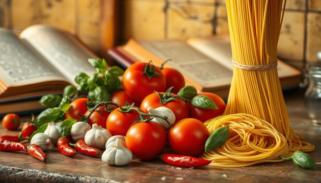 A rustic kitchen countertop, bathed in warm, golden light, showcases the vibrant ingredients for the classic Spaghetti all'Assassina. Plump, ripe tomatoes, their skins glistening, are nestled alongside pungent cloves of garlic, fiery chili peppers, and fresh basil leaves. A bundle of spaghetti, its strands coiled together, stands ready to be tossed with the flavorful sauce. In the background, a vintage Italian cookbook lies open, its pages hinting at the storied history of this bold and unapologetic dish. The scene evokes the rustic charm of a traditional Barese kitchen, where the simple yet powerful flavors of Spaghetti all'Assassina are born.
