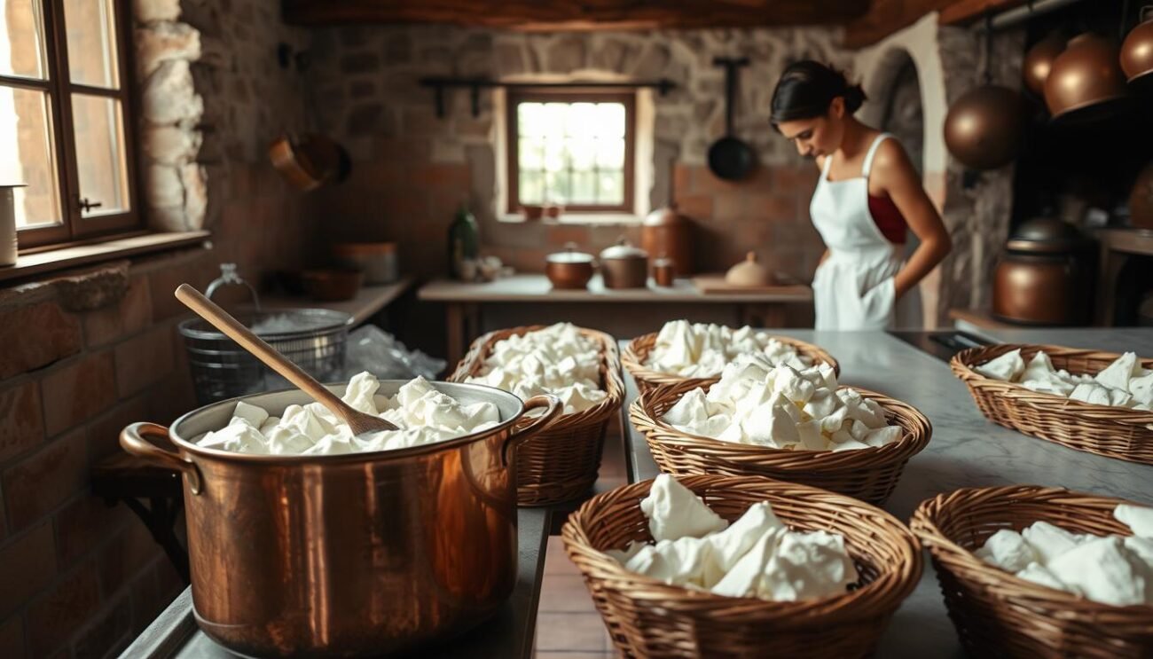 A rustic kitchen interior, sunlight streaming through a window, showcasing the traditional process of fresh ricotta production. In the foreground, a large copper pot simmers with curds separating from whey, while a woman in a crisp white apron carefully stirs the mixture with a wooden spoon. In the middle ground, a marble countertop is lined with wicker baskets brimming with fresh ricotta, ready to be packaged and shared. The background features terracotta tiles, exposed wooden beams, and the faint silhouettes of aging copper pots and pans, creating a warm, inviting atmosphere that evokes the centuries-old traditions of Italian cheesemaking. Soft, natural lighting and a muted color palette lend an air of authenticity to the scene.