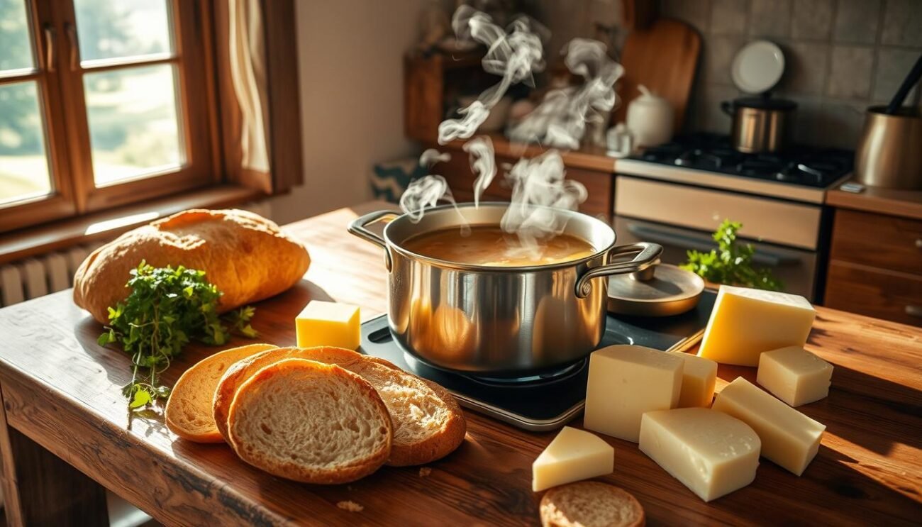 A rustic kitchen scene with a large wooden table, a steaming pot of Seupa Vapelenentse, the traditional Valdostana soup made with bread and Fontina cheese, simmering on the stove. Fresh herbs, a loaf of crusty bread, and wedges of Fontina cheese are arranged around the pot, casting warm, inviting shadows. The scene is bathed in soft, natural light filtering in through a nearby window, creating a cozy, homey atmosphere. The overall composition emphasizes the preparation and the simple, authentic ingredients that make up this iconic regional dish. A rustic kitchen scene with a large wooden table, a steaming pot of Seupa Vapelenentse, the traditional Valdostana soup made with bread and Fontina cheese, simmering on the stove. Fresh herbs, a loaf of crusty bread, and wedges of Fontina cheese are arranged around the pot, casting warm, inviting shadows. The scene is bathed in soft, natural light filtering in through a nearby window, creating a cozy, homey atmosphere. The overall composition emphasizes the preparation and the simple, authentic ingredients that make up this iconic regional dish.