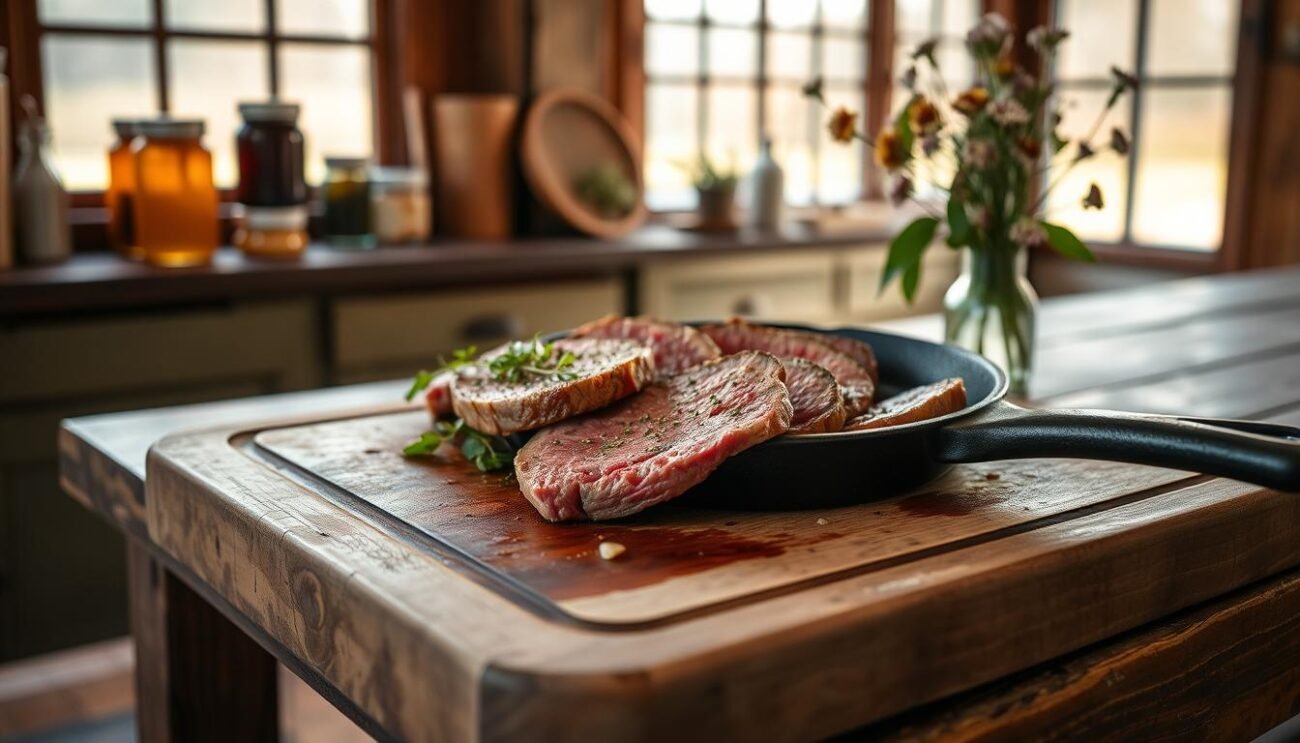 A rustic kitchen setting with a wooden cutting board on a weathered farmhouse table. On the board, thick slices of grass-fed organic beef sizzle on a cast-iron skillet, the aroma of herbs and garlic filling the air. Warm, natural lighting filters through large windows, casting a soft glow on the scene. In the background, jars of homemade preserves and a vase of freshly picked wildflowers add to the homey, authentic atmosphere. The overall mood is one of simple, wholesome cooking, highlighting the beauty and quality of the sustainable, ethically sourced ingredients. A rustic kitchen setting with a wooden cutting board on a weathered farmhouse table. On the board, thick slices of grass-fed organic beef sizzle on a cast-iron skillet, the aroma of herbs and garlic filling the air. Warm, natural lighting filters through large windows, casting a soft glow on the scene. In the background, jars of homemade preserves and a vase of freshly picked wildflowers add to the homey, authentic atmosphere. The overall mood is one of simple, wholesome cooking, highlighting the beauty and quality of the sustainable, ethically sourced ingredients.