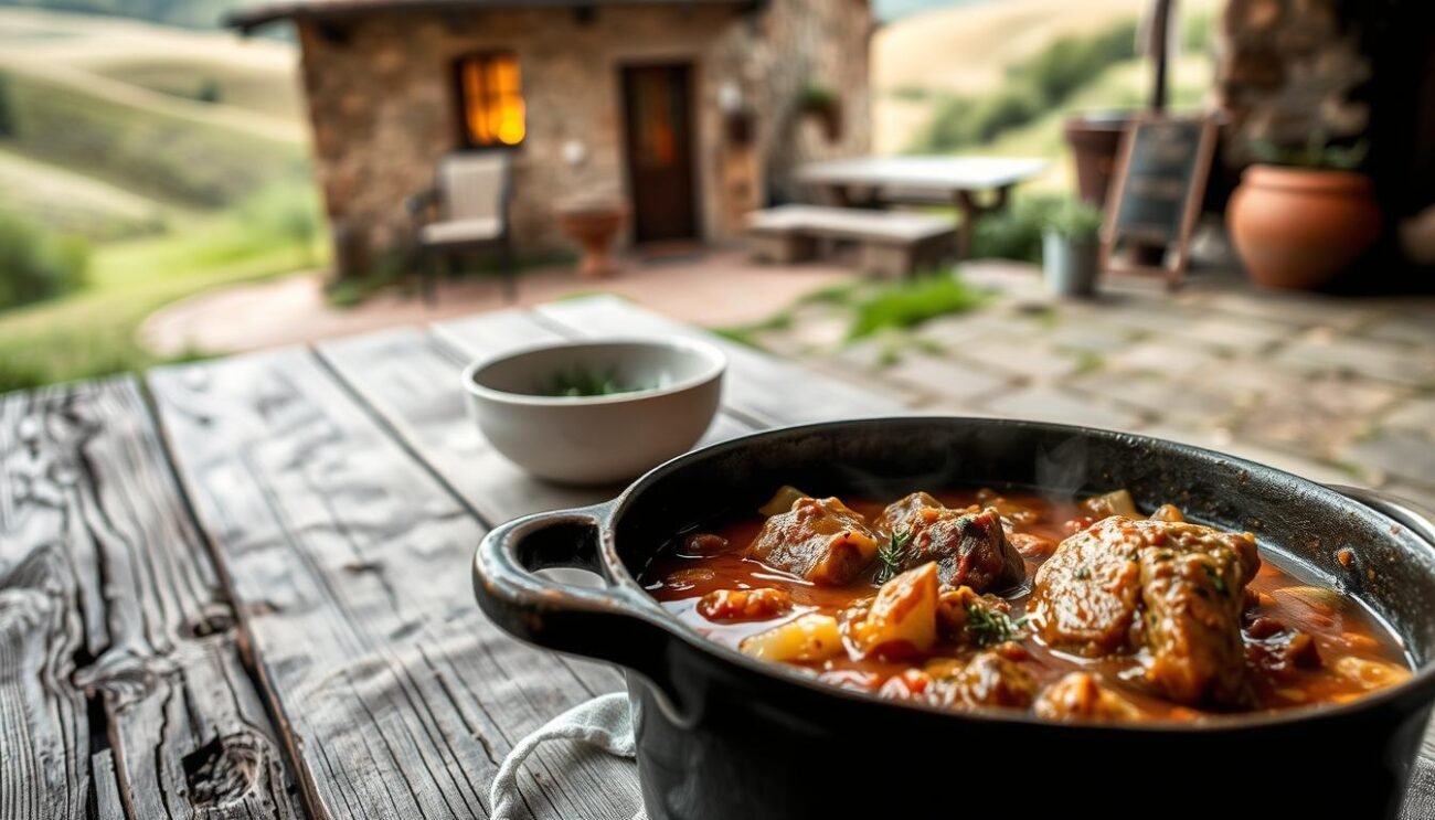 A rustic pastoral scene of a traditional Lucanian dish, Cutturiddi. In the foreground, a hearty stew simmers in a cast-iron pot, infused with the aroma of tender lamb, fragrant herbs, and the earthy scents of the Basilicata countryside. The middle ground reveals a weathered wooden table, its surface adorned with a simple linen cloth, where a pair of well-worn bowls await the savory meal. In the background, a cozy stone cottage nestles amidst rolling hills, its windows glowing warmly, hinting at the timeless traditions that have shaped this age-old recipe. The scene is illuminated by soft, natural light, casting a comforting, inviting atmosphere that evokes the enduring culinary heritage of the Lucanian region. A rustic pastoral scene of a traditional Lucanian dish, Cutturiddi. In the foreground, a hearty stew simmers in a cast-iron pot, infused with the aroma of tender lamb, fragrant herbs, and the earthy scents of the Basilicata countryside. The middle ground reveals a weathered wooden table, its surface adorned with a simple linen cloth, where a pair of well-worn bowls await the savory meal. In the background, a cozy stone cottage nestles amidst rolling hills, its windows glowing warmly, hinting at the timeless traditions that have shaped this age-old recipe. The scene is illuminated by soft, natural light, casting a comforting, inviting atmosphere that evokes the enduring culinary heritage of the Lucanian region.