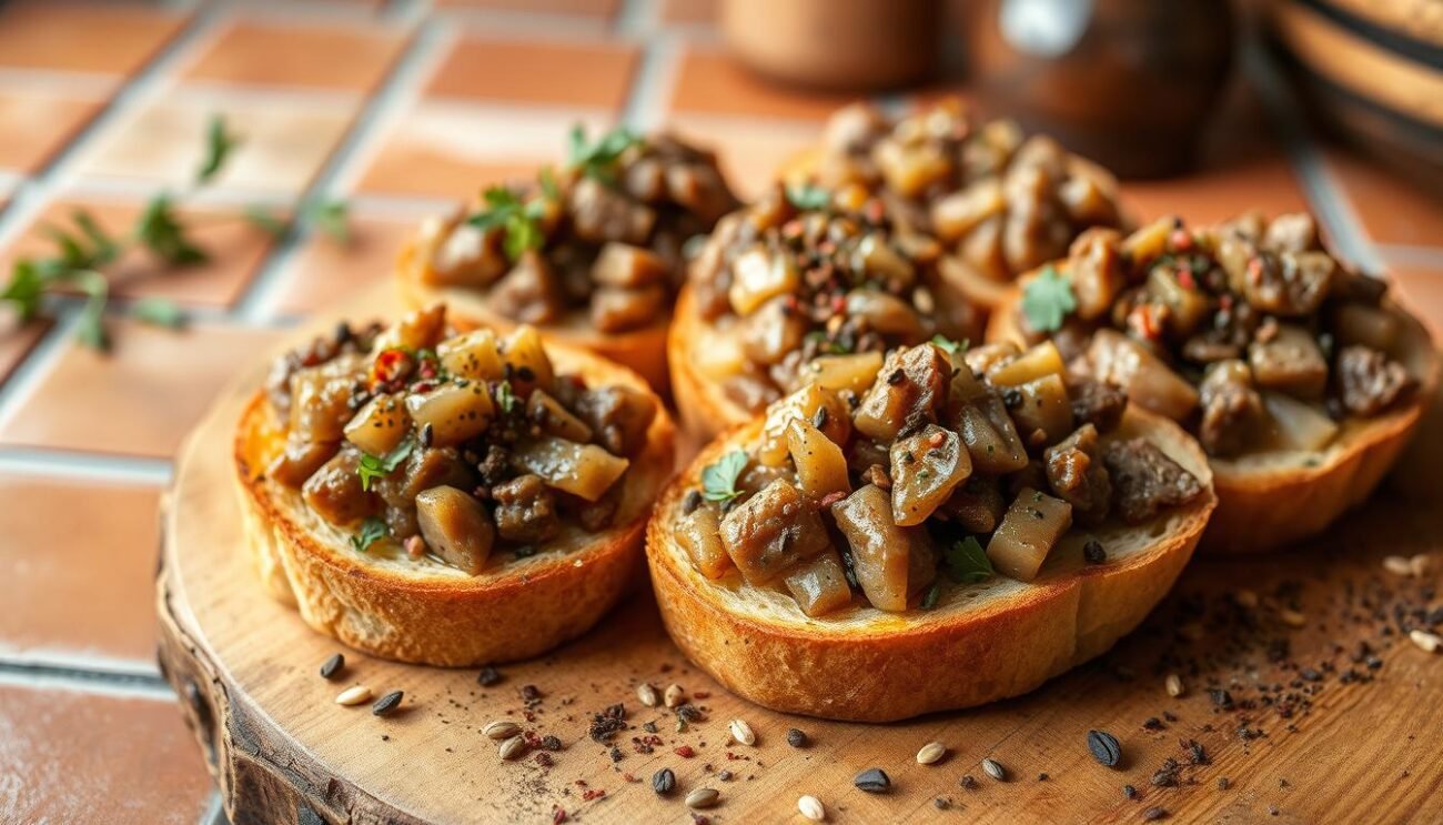 A rustic platter showcases the unique flavors of Crostini Senesi, a traditional Sienese delicacy. In the foreground, thick slices of grilled bread are topped with a savory mixture of sautéed pork liver, onions, and aromatic herbs. The middle ground features a scattering of vibrant spices, including fennel seeds, chili flakes, and cracked black pepper, adding depth and complexity to the dish. The background depicts a warm, earthy setting, with terracotta tiles and the natural textures of a Tuscan kitchen. Soft, diffused lighting casts a golden glow, accentuating the rich, robust tones of the crostini and creating an inviting, rustic atmosphere.