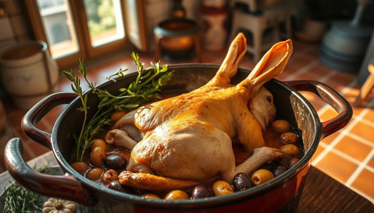 A rustic scene of "Coniglio alla Ligure con olive taggiasche": a rabbit stew simmering in a cast-iron pot, surrounded by aromatic herbs, toasted pine nuts, and plump Taggiasca olives. The warm lighting casts a golden glow, illuminating the tender rabbit meat and the rich, fragrant sauce. The scene is set against a backdrop of a cozy, sun-dappled Ligurian kitchen, with terracotta tiles, exposed wooden beams, and a hint of the Mediterranean breeze drifting in through an open window. The overall mood is one of simple, heartwarming tradition and the comforting flavors of the Italian countryside.