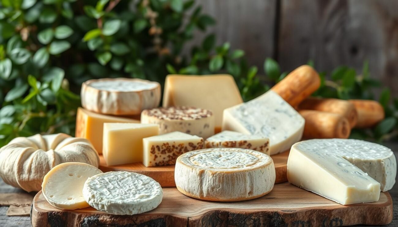 A rustic still life arrangement showcasing an assortment of traditional Italian goat cheeses. In the foreground, a selection of soft, creamy caprine formaggi, their distinctive rinds and textures on full display. In the middle ground, wedges of aged, nutty hard cheeses alongside fresh chèvre logs, all resting atop a weathered wooden board. The background features lush, verdant foliage and a soft, warm lighting that casts a cozy, inviting ambiance. The scene evokes the artisanal craft and time-honored traditions of Italian caprine cheese making, while hinting at the innovative, modern approaches that continue to push the boundaries of this iconic culinary heritage. A rustic still life arrangement showcasing an assortment of traditional Italian goat cheeses. In the foreground, a selection of soft, creamy caprine formaggi, their distinctive rinds and textures on full display. In the middle ground, wedges of aged, nutty hard cheeses alongside fresh chèvre logs, all resting atop a weathered wooden board. The background features lush, verdant foliage and a soft, warm lighting that casts a cozy, inviting ambiance. The scene evokes the artisanal craft and time-honored traditions of Italian caprine cheese making, while hinting at the innovative, modern approaches that continue to push the boundaries of this iconic culinary heritage.
