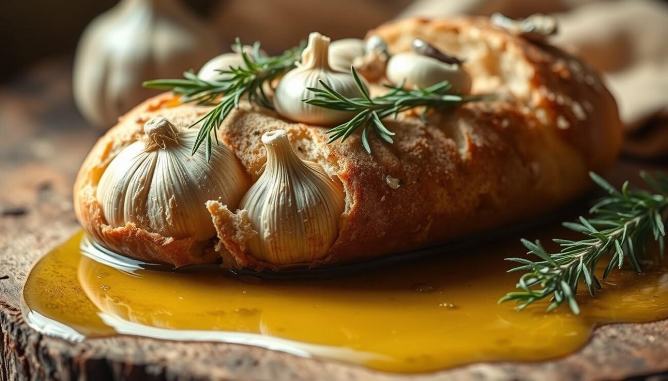 A rustic still life capturing the essence of "Soma d'Aglio con erbe aromatiche", a regional variation of the traditional Italian peasant bread. Freshly baked sourdough loaf topped with glistening cloves of garlic, sprigs of fragrant rosemary, thyme, and oregano, all bathed in a pool of golden olive oil. Warm lighting casts a cozy glow, highlighting the hearty texture of the bread and the vibrant colors of the herbs. Captured at a slight angle, the composition draws the eye to the delectable details, inviting the viewer to imagine the aroma and flavor of this quintessential Italian culinary delight.