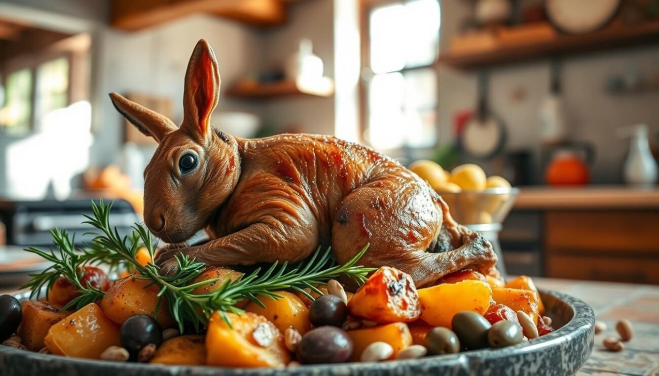 A rustic still life featuring a traditional Ligurian rabbit dish. In the foreground, a hearty roasted rabbit sits nestled atop a bed of golden-brown roasted potatoes, the meat glistening and the vegetables caramelized. Vibrant green sprigs of rosemary and thyme provide a fresh, earthy accent. In the middle ground, a scattering of Taggiasche olives and toasted pine nuts add pops of color and texture. The background is a warm, sun-dappled kitchen scene, with exposed beams and terracotta tiles hinting at the recipe's regional origins. Soft, natural lighting casts a cozy, inviting glow over the entire composition.