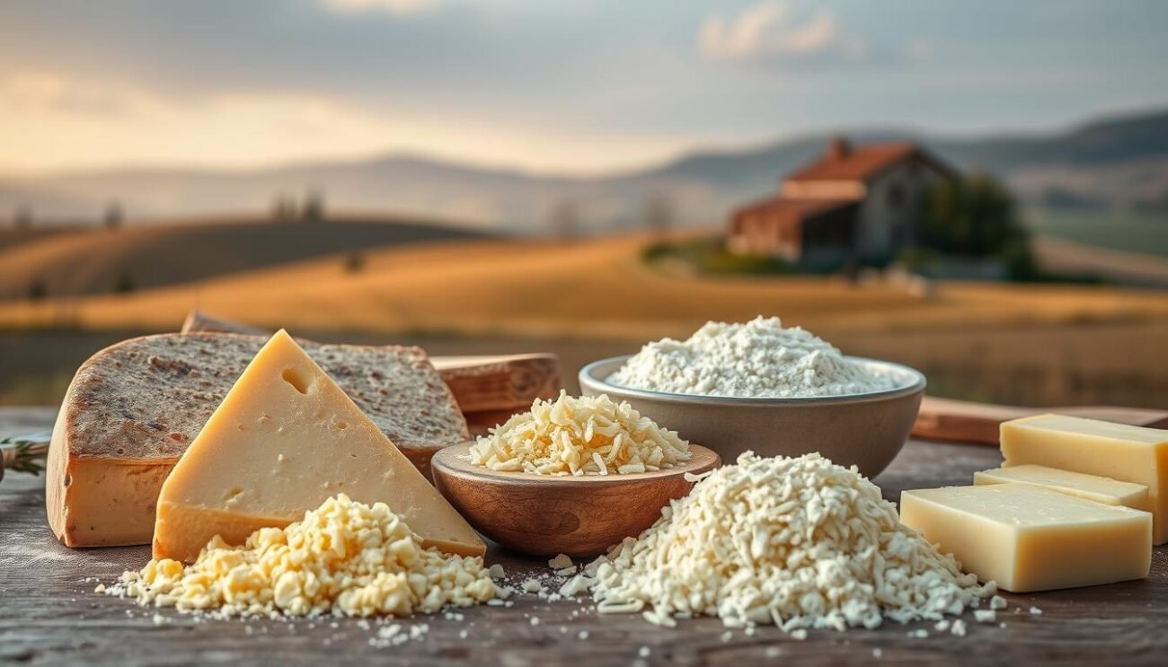 A rustic still life featuring an array of traditional ingredients for making Frico, the classic Friulian cheese tart. In the foreground, wedges of aged Montasio and Piave cheeses lie alongside a pile of freshly grated Parmesan. In the middle ground, a bowl of crumbled corn flour and a pat of butter set the stage. The background evokes the bucolic landscapes of Friuli, with rolling hills and a distant farmhouse under a warm, golden-hour light. The overall mood is one of simple, authentic elegance - a celebration of the rich culinary heritage of the region. A rustic still life featuring an array of traditional ingredients for making Frico, the classic Friulian cheese tart. In the foreground, wedges of aged Montasio and Piave cheeses lie alongside a pile of freshly grated Parmesan. In the middle ground, a bowl of crumbled corn flour and a pat of butter set the stage. The background evokes the bucolic landscapes of Friuli, with rolling hills and a distant farmhouse under a warm, golden-hour light. The overall mood is one of simple, authentic elegance - a celebration of the rich culinary heritage of the region.