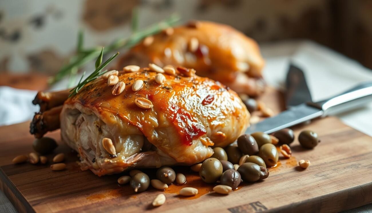 A rustic still life of a perfectly roasted coniglio alla ligure, the classic Ligurian rabbit dish. In the foreground, the tender, golden-brown rabbit meat glistens, garnished with a scattering of pine nuts and Taggiasca olives. The middle ground showcases a wooden cutting board, with a sharp knife resting beside the dish. In the background, a warm, earthy backdrop of natural textures, perhaps a weathered wooden table or a linen cloth, creates an inviting, homey atmosphere. Soft, diffused lighting illuminates the scene, casting gentle shadows and highlighting the dish's sumptuous details. The overall mood is one of rustic elegance, perfectly capturing the essence of this traditional Ligurian delicacy.