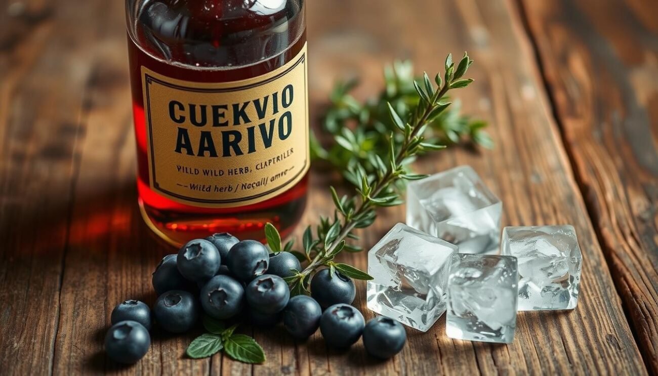 A rustic still life scene of the key ingredients for the Cocktail Boschivo: a bottle of wild herb amaro, a cluster of fresh blueberries, a sprig of fragrant thyme, and a few ice cubes glistening in the soft, warm lighting. The items are arranged on a weathered wooden surface, evoking the natural, forested atmosphere of the drink's inspiration. The camera angle captures the ingredients from a slightly elevated perspective, showcasing their textures and colors in an artful, appetizing composition.