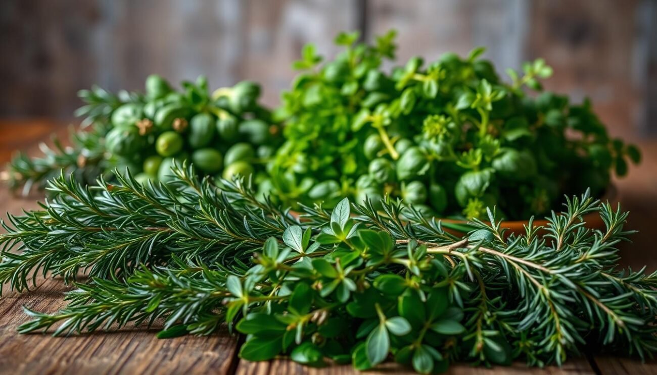A rustic still life showcasing an array of fresh, fragrant herbs typical of Ligurian cuisine. Sprawling sprigs of rosemary, thyme, and sage adorn the foreground, their lush green hues complemented by the warm, earthy tones of the weathered wooden surface. In the middle ground, bunches of aromatic basil and oregano burst with vibrant verdure, hinting at the rich flavors that will come together in an authentic Cima alla Genovese. The background subtly fades into a softly-lit, natural ambiance, allowing the starring ingredients to shine. Captured with a shallow depth of field and soft, natural lighting, the scene evokes the essence of Ligurian culinary traditions. A rustic still life showcasing an array of fresh, fragrant herbs typical of Ligurian cuisine. Sprawling sprigs of rosemary, thyme, and sage adorn the foreground, their lush green hues complemented by the warm, earthy tones of the weathered wooden surface. In the middle ground, bunches of aromatic basil and oregano burst with vibrant verdure, hinting at the rich flavors that will come together in an authentic Cima alla Genovese. The background subtly fades into a softly-lit, natural ambiance, allowing the starring ingredients to shine. Captured with a shallow depth of field and soft, natural lighting, the scene evokes the essence of Ligurian culinary traditions.