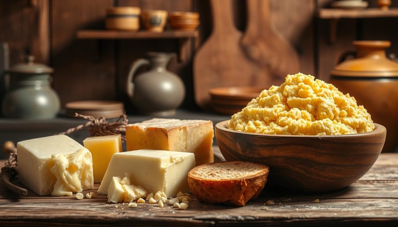 A rustic still life showcasing the ingredients for an authentic Toc in Braide: freshly churned butter, melted cheese, and a mound of polenta in a wooden bowl, set against a backdrop of a cozy Italian kitchen. Warm, golden lighting casts a soft glow, highlighting the rich textures and natural tones. The scene is framed by weathered wooden surfaces and simple, earthy accents, evoking the traditional, homespun character of this regional dish. The overall composition conveys the comforting, artisanal essence of this beloved culinary tradition.