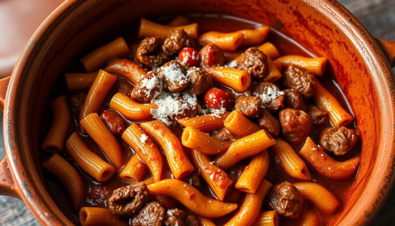 A rustic terracotta pot filled with perfectly cooked ziti pasta, immersed in a rich, slow-simmered Neapolitan ragù sauce. The aroma of garlic, tomatoes, and fragrant herbs fills the air, creating an inviting and comforting scene. The ziti are expertly prepared, with a firm texture and a vibrant orange-red hue, contrasting beautifully with the deep brown of the sauce. Soft, pillowy pieces of braised meat and a scattering of freshly grated Parmesan cheese adorn the dish, completing the traditional and authentic presentation. The lighting is warm and natural, casting a golden glow over the scene, evoking the comforts of a traditional Italian kitchen. A rustic terracotta pot filled with perfectly cooked ziti pasta, immersed in a rich, slow-simmered Neapolitan ragù sauce. The aroma of garlic, tomatoes, and fragrant herbs fills the air, creating an inviting and comforting scene. The ziti are expertly prepared, with a firm texture and a vibrant orange-red hue, contrasting beautifully with the deep brown of the sauce. Soft, pillowy pieces of braised meat and a scattering of freshly grated Parmesan cheese adorn the dish, completing the traditional and authentic presentation. The lighting is warm and natural, casting a golden glow over the scene, evoking the comforts of a traditional Italian kitchen.