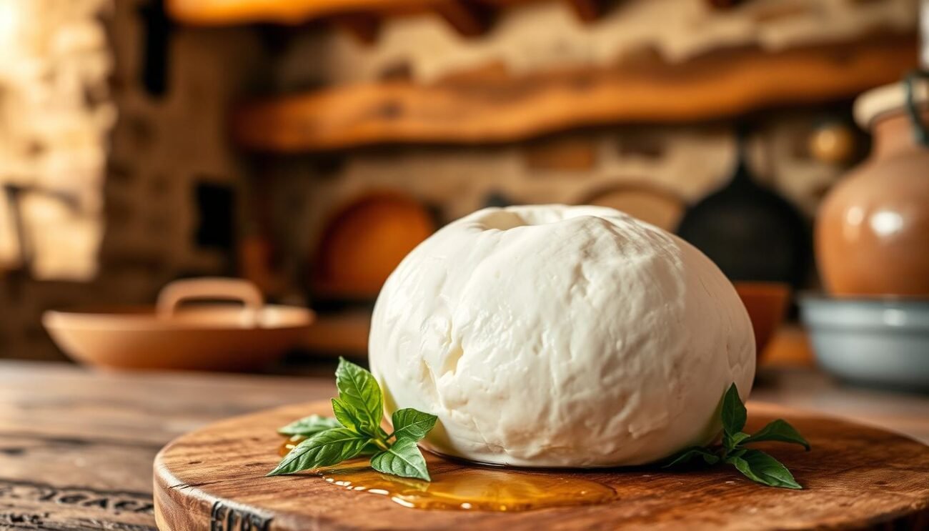 A rustic, traditional Italian mozzarella di bufala, its creamy white exterior glistening under the soft, warm light of an Italian countryside kitchen. The mozzarella is the focal point, resting atop a wooden board, surrounded by small sprigs of fresh basil and a drizzle of golden olive oil. In the background, a glimpse of a weathered stone wall and a wooden beam ceiling, evoking the history and tradition of Italian cheesemaking. The overall mood is one of simplicity, authenticity and the celebration of high-quality, locally-sourced ingredients. A rustic, traditional Italian mozzarella di bufala, its creamy white exterior glistening under the soft, warm light of an Italian countryside kitchen. The mozzarella is the focal point, resting atop a wooden board, surrounded by small sprigs of fresh basil and a drizzle of golden olive oil. In the background, a glimpse of a weathered stone wall and a wooden beam ceiling, evoking the history and tradition of Italian cheesemaking. The overall mood is one of simplicity, authenticity and the celebration of high-quality, locally-sourced ingredients.