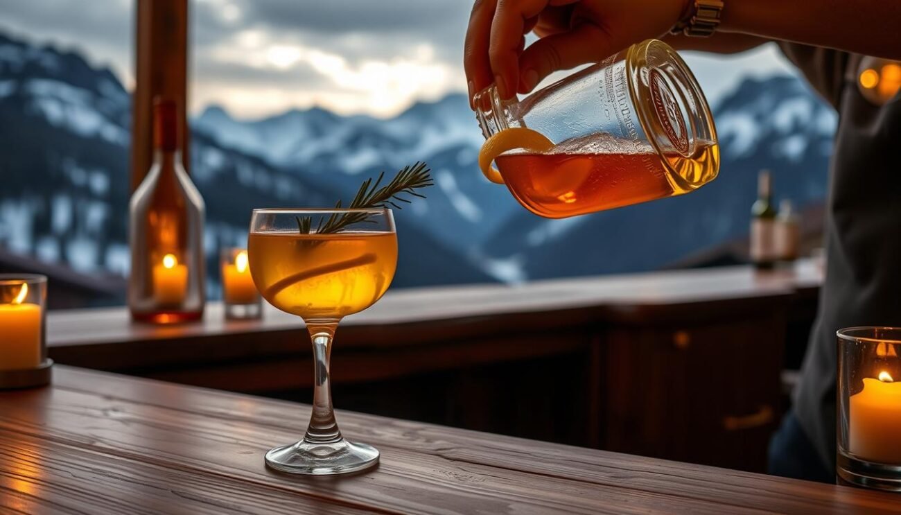 A rustic wooden bar counter, illuminated by warm candlelight, stands before a panoramic mountain vista. Atop the counter, a crystal glass holds a golden-hued liquid, garnished with a sprig of fragrant pine and a twist of lemon peel. The bartender's skilled hands carefully layer the ingredients - grappa barricata and a homemade pine syrup - creating the alluring "Cocktail Alpino". The scene evokes a cozy Alpine retreat, where the flavors of the mountains are distilled into a refined and sipping pleasure. A rustic wooden bar counter, illuminated by warm candlelight, stands before a panoramic mountain vista. Atop the counter, a crystal glass holds a golden-hued liquid, garnished with a sprig of fragrant pine and a twist of lemon peel. The bartender's skilled hands carefully layer the ingredients - grappa barricata and a homemade pine syrup - creating the alluring "Cocktail Alpino". The scene evokes a cozy Alpine retreat, where the flavors of the mountains are distilled into a refined and sipping pleasure.