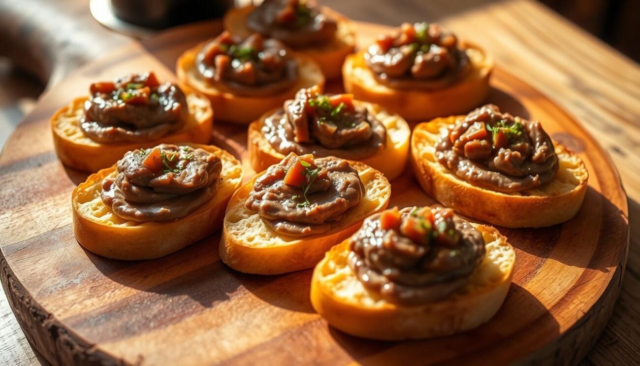 A rustic wooden board displays an array of crisp, golden-brown crostini, each topped with a delectable pâté of rich chicken liver. The crostini are arranged artfully, their edges glistening with a light brushing of olive oil. The pâté, a deep reddish-brown hue, is smooth and creamy, its flavors enhanced by a hint of garlic and fragrant herbs. The scene is bathed in warm, natural lighting, casting a cozy, inviting atmosphere. The crostini are presented simply, allowing their flavors and textures to shine, making them the perfect accompaniment to a glass of robust Tuscan red wine.