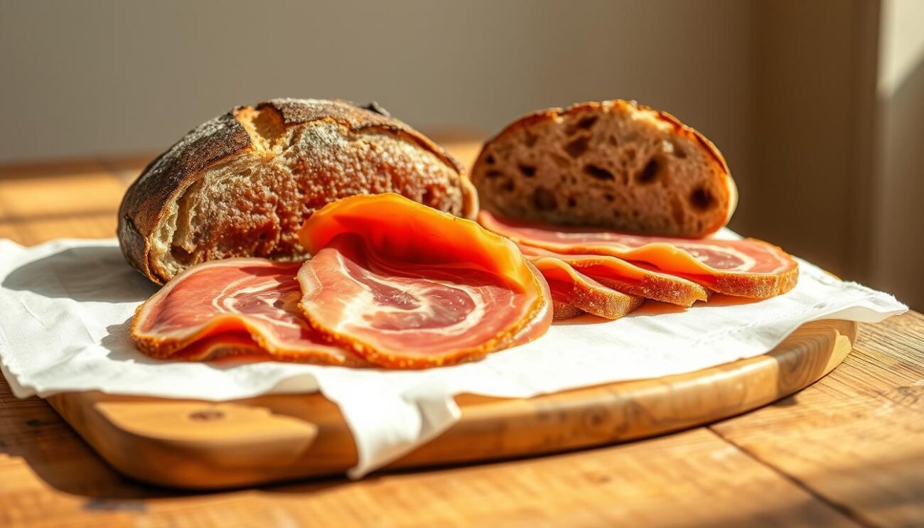 A rustic wooden table, adorned with a crisp white linen cloth, serves as the stage for an artful display of Speck Alto Adige, the renowned smoked cured meat from the Alto Adige region of Italy. Thick slices of the savory, smoky delicacy are arranged alongside a freshly baked rye bread, its dark crust contrasting with the pale hue of the Speck. The lighting is warm and natural, casting a soft glow over the scene, emphasizing the textures and colors of the ingredients. In the background, a simple, minimalist setting allows the focus to remain on the star of the composition - the harmonious pairing of the Speck Alto Adige and the hearty rye bread, capturing the essence of a traditional and delectable Alto Adige culinary experience.