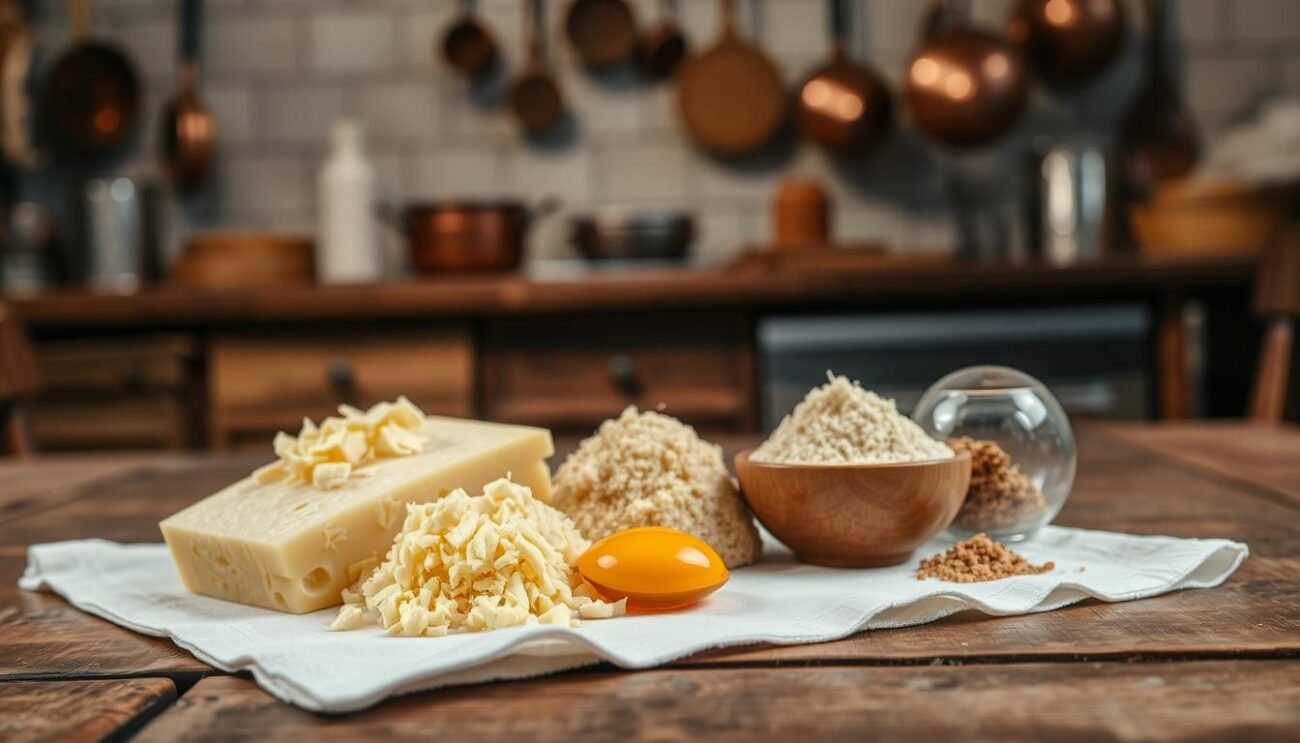 A rustic wooden table, adorned with a simple white cloth, is the centerpiece of this scene. Atop it, a collection of traditional Italian ingredients: freshly grated Parmigiano-Reggiano cheese, a mound of breadcrumbs, a beaten egg, and a pinch of nutmeg. The warm, inviting lighting casts a soft glow, creating an atmosphere of homespun comfort. In the background, a glimpse of a cozy kitchen, with copper pots and pans hanging on the walls, hints at the culinary magic about to unfold. This is the essence of "ingredienti passatelli," the traditional components that come together to create the beloved Romagnan dish of Passatelli in Brodo.