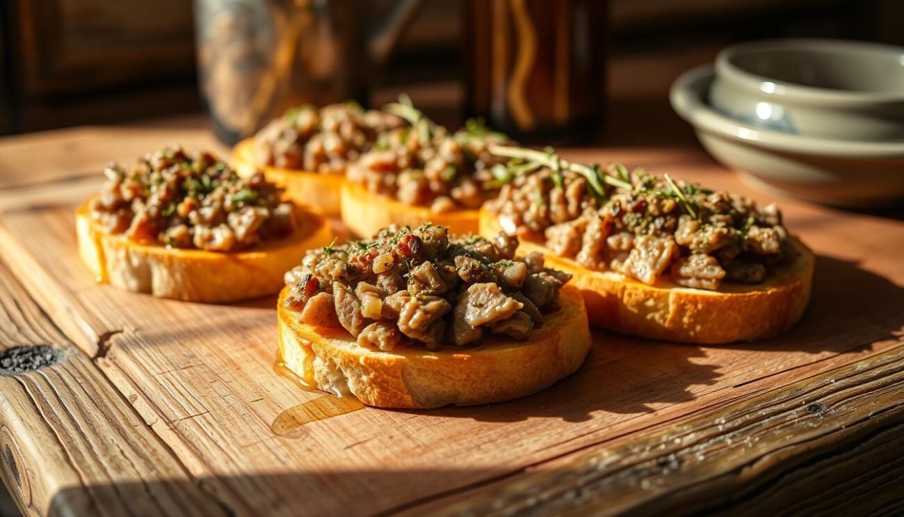 A rustic wooden table, adorned with a simple yet elegant arrangement of freshly toasted crostini senesi. The golden-brown toasted bread slices are topped with a savory mixture of minced spleen, aromatic spices, and a drizzle of olive oil, casting a tantalizing aroma. The lighting is soft and warm, casting subtle shadows that accentuate the textural details of the crostini. In the background, a hint of the Sienese countryside is visible, hinting at the traditional origins of this regional delicacy. The overall composition evokes a sense of comfort, tradition, and the joy of sharing a simple, yet flavorful, culinary delight.