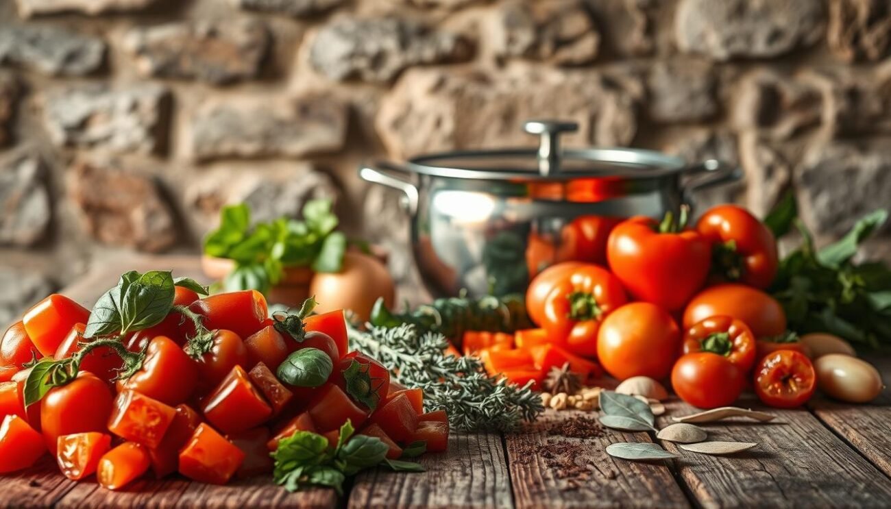 A rustic wooden table, adorned with the traditional ingredients of Morzello Catanzarese. In the foreground, a pile of vibrant, freshly chopped vegetables - crimson tomatoes, emerald green bell peppers, and golden-yellow onions, all glistening under the warm, natural lighting. In the middle ground, a gleaming cast-iron pot, its surface reflecting the soft, diffused rays. Surrounding the pot, a scattered array of fragrant herbs and spices - fragrant basil, peppery oregano, and earthy bay leaves. In the background, a weathered stone wall, its textured surface providing a timeless, authentic backdrop to this quintessential Italian culinary scene. The overall atmosphere exudes a sense of simplicity, tradition, and the rich, flavorful essence of Morzello Catanzarese. A rustic wooden table, adorned with the traditional ingredients of Morzello Catanzarese. In the foreground, a pile of vibrant, freshly chopped vegetables - crimson tomatoes, emerald green bell peppers, and golden-yellow onions, all glistening under the warm, natural lighting. In the middle ground, a gleaming cast-iron pot, its surface reflecting the soft, diffused rays. Surrounding the pot, a scattered array of fragrant herbs and spices - fragrant basil, peppery oregano, and earthy bay leaves. In the background, a weathered stone wall, its textured surface providing a timeless, authentic backdrop to this quintessential Italian culinary scene. The overall atmosphere exudes a sense of simplicity, tradition, and the rich, flavorful essence of Morzello Catanzarese.