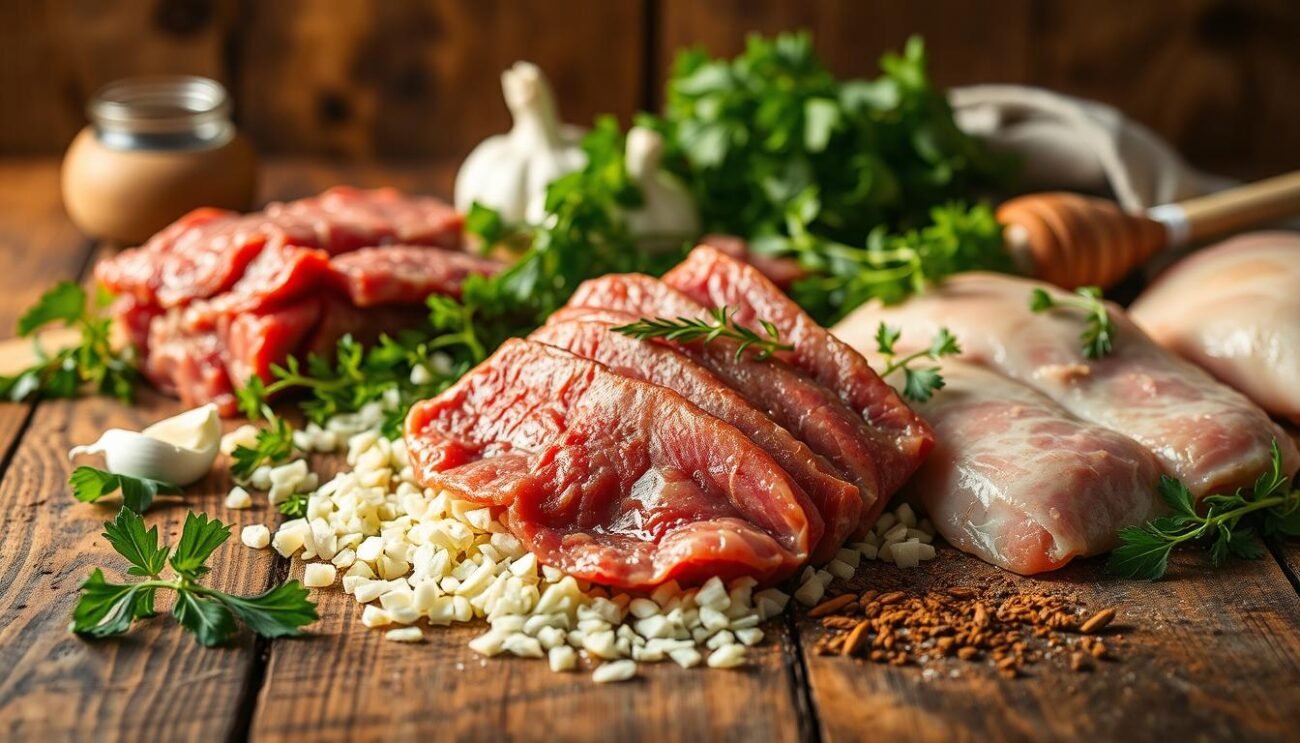 A rustic wooden table, bathed in warm, golden light, showcases an assortment of classic Italian marinade ingredients. Thick slices of beef, pork, and chicken rest atop a bed of freshly chopped herbs, garlic, and aromatic spices. The composition evokes the rich traditions of Italian culinary culture, where marinades are revered as the foundation for tender, flavorful meats. The scene is captured with a shallow depth of field, drawing the viewer's attention to the vibrant colors and textures of the ingredients, creating an appetizing and inviting atmosphere. A rustic wooden table, bathed in warm, golden light, showcases an assortment of classic Italian marinade ingredients. Thick slices of beef, pork, and chicken rest atop a bed of freshly chopped herbs, garlic, and aromatic spices. The composition evokes the rich traditions of Italian culinary culture, where marinades are revered as the foundation for tender, flavorful meats. The scene is captured with a shallow depth of field, drawing the viewer's attention to the vibrant colors and textures of the ingredients, creating an appetizing and inviting atmosphere.