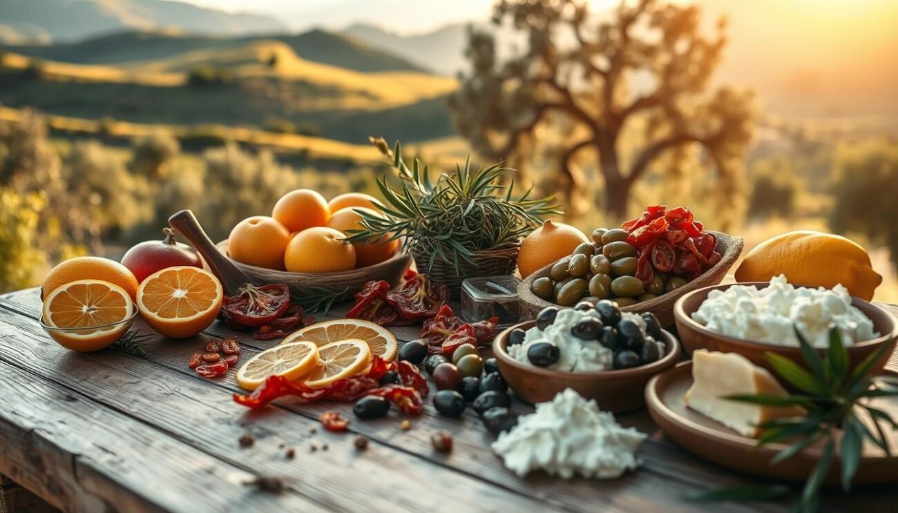 A rustic wooden table displaying an array of iconic Sicilian delicacies - fragrant citrus fruits, sun-dried tomatoes, plump olives, caponata, and creamy ricotta. The scene is bathed in warm, golden light, evoking the Mediterranean sun. In the background, a lush, verdant landscape with rolling hills and ancient olive trees hints at the island's fertile terroir. The overall atmosphere conveys the authentic, artisanal nature of Sicilian cuisine and its deep connection to the land. Shot with a shallow depth of field, the image focuses on the vibrant colors and textures of the regional ingredients, inviting the viewer to savor the flavors of this unique culinary tradition.