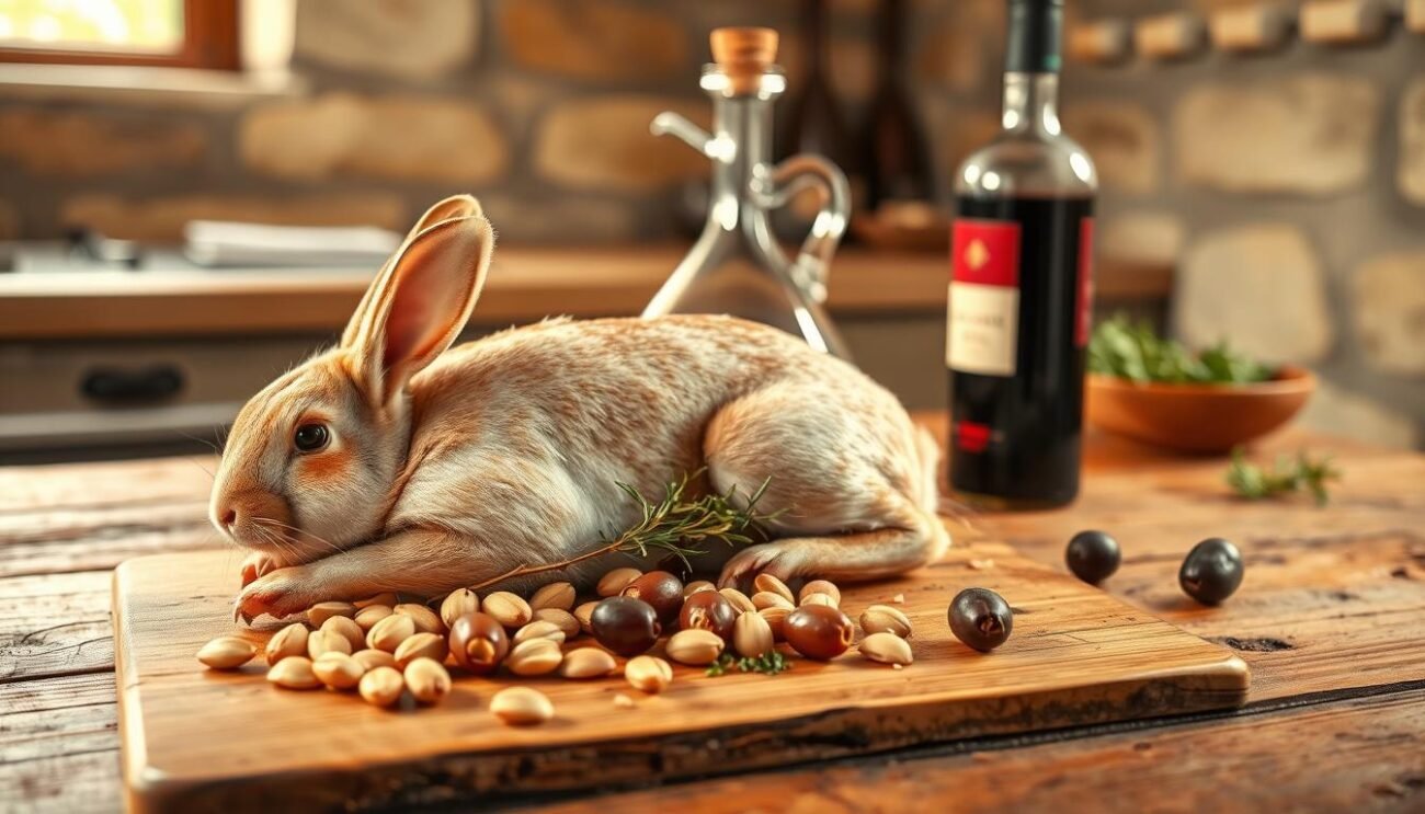 A rustic wooden table, illuminated by warm, natural lighting, showcases the key ingredients for the traditional Coniglio alla Ligure dish. In the foreground, a whole rabbit, carefully prepared, rests alongside a scattering of fragrant pine nuts, the local Taggiasche olives, and a sprinkling of fresh herbs. The middle ground features a glass decanter of rich, red wine, complementing the earthy tones of the ingredients. In the background, a simple, stone-walled kitchen setting, evocative of the Ligurian countryside, creates a cozy, authentic atmosphere for this classic Italian recipe.