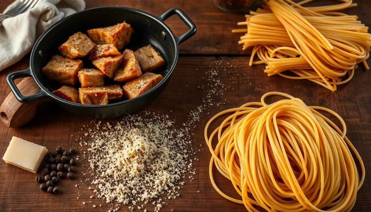 A rustic wooden table, its surface adorned with the simple yet iconic ingredients of Pasta alla Gricia: thick-cut guanciale (pork cheek) sizzling in a cast-iron pan, a dusting of Pecorino Romano cheese, a scattering of freshly cracked black pepper, and a pile of al dente spaghetti nestled nearby. The scene is bathed in warm, golden light, capturing the essence of this classic Roman dish - a harmonious blend of bold flavors and textures. The composition evokes the humble, yet refined nature of this timeless culinary delight.