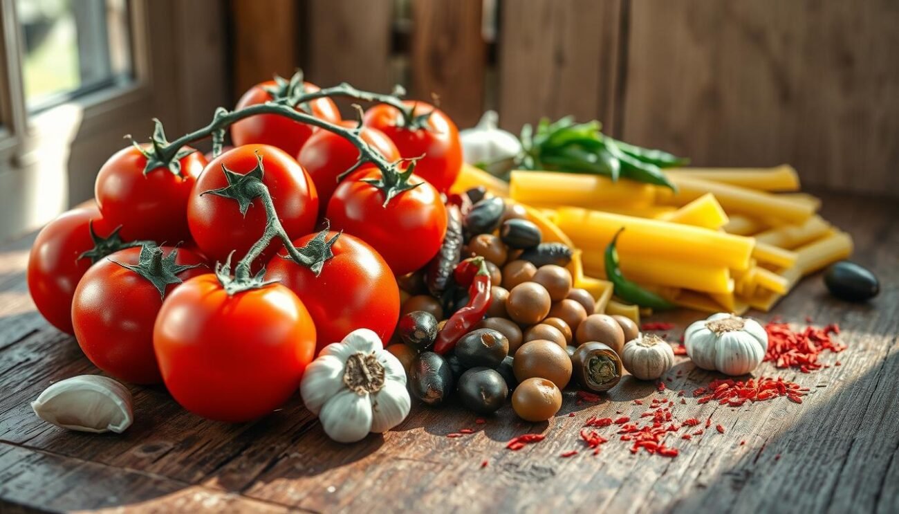 A rustic wooden table, its surface adorned with the vibrant colors of the authentic ingredients for Pasta alla Puttanesca. Plump San Marzano tomatoes, glistening with their juices, nestled alongside a pile of briny capers, pungent anchovies, and tangy olives. Fragrant garlic cloves and a sprinkling of dried chili flakes add depth and complexity to the scene. Sunlight filters through a window, casting a warm glow over the arrangement, highlighting the textures and inviting the viewer to imagine the bold, savory flavors to come. The mood is one of simplicity and authenticity, reflecting the traditional Neapolitan roots of this iconic Italian dish. A rustic wooden table, its surface adorned with the vibrant colors of the authentic ingredients for Pasta alla Puttanesca. Plump San Marzano tomatoes, glistening with their juices, nestled alongside a pile of briny capers, pungent anchovies, and tangy olives. Fragrant garlic cloves and a sprinkling of dried chili flakes add depth and complexity to the scene. Sunlight filters through a window, casting a warm glow over the arrangement, highlighting the textures and inviting the viewer to imagine the bold, savory flavors to come. The mood is one of simplicity and authenticity, reflecting the traditional Neapolitan roots of this iconic Italian dish.