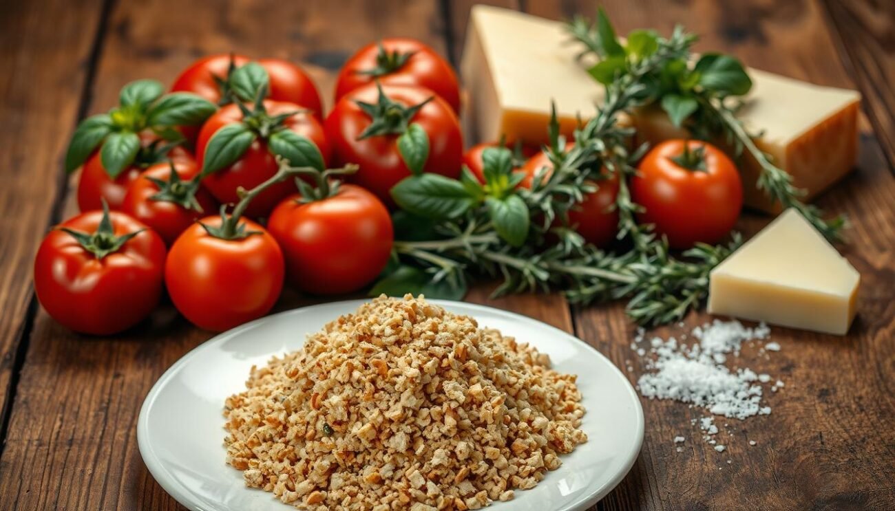A rustic wooden table, its surface weathered and worn, is adorned with a selection of fresh, vibrant ingredients. In the foreground, a pile of earthy, golden-brown breadcrumbs sits atop a simple white plate, their crunchy texture inviting a tactile exploration. Surrounding them, an array of seasonal produce takes center stage - ripe, juicy tomatoes in hues of scarlet and amber, their glistening skins reflecting the warm, diffused light of the scene. Bundles of fresh, fragrant basil leaves and sprigs of fragrant rosemary add pops of verdant color, while a wedge of Parmesan cheese and a handful of coarse sea salt crystals complete the composition, hinting at the savory, satisfying flavors to come. The overall atmosphere is one of rustic simplicity and honest, homemade charm, perfectly capturing the essence of the "Tumact Me Tulez" dish. A rustic wooden table, its surface weathered and worn, is adorned with a selection of fresh, vibrant ingredients. In the foreground, a pile of earthy, golden-brown breadcrumbs sits atop a simple white plate, their crunchy texture inviting a tactile exploration. Surrounding them, an array of seasonal produce takes center stage - ripe, juicy tomatoes in hues of scarlet and amber, their glistening skins reflecting the warm, diffused light of the scene. Bundles of fresh, fragrant basil leaves and sprigs of fragrant rosemary add pops of verdant color, while a wedge of Parmesan cheese and a handful of coarse sea salt crystals complete the composition, hinting at the savory, satisfying flavors to come. The overall atmosphere is one of rustic simplicity and honest, homemade charm, perfectly capturing the essence of the "Tumact Me Tulez" dish.