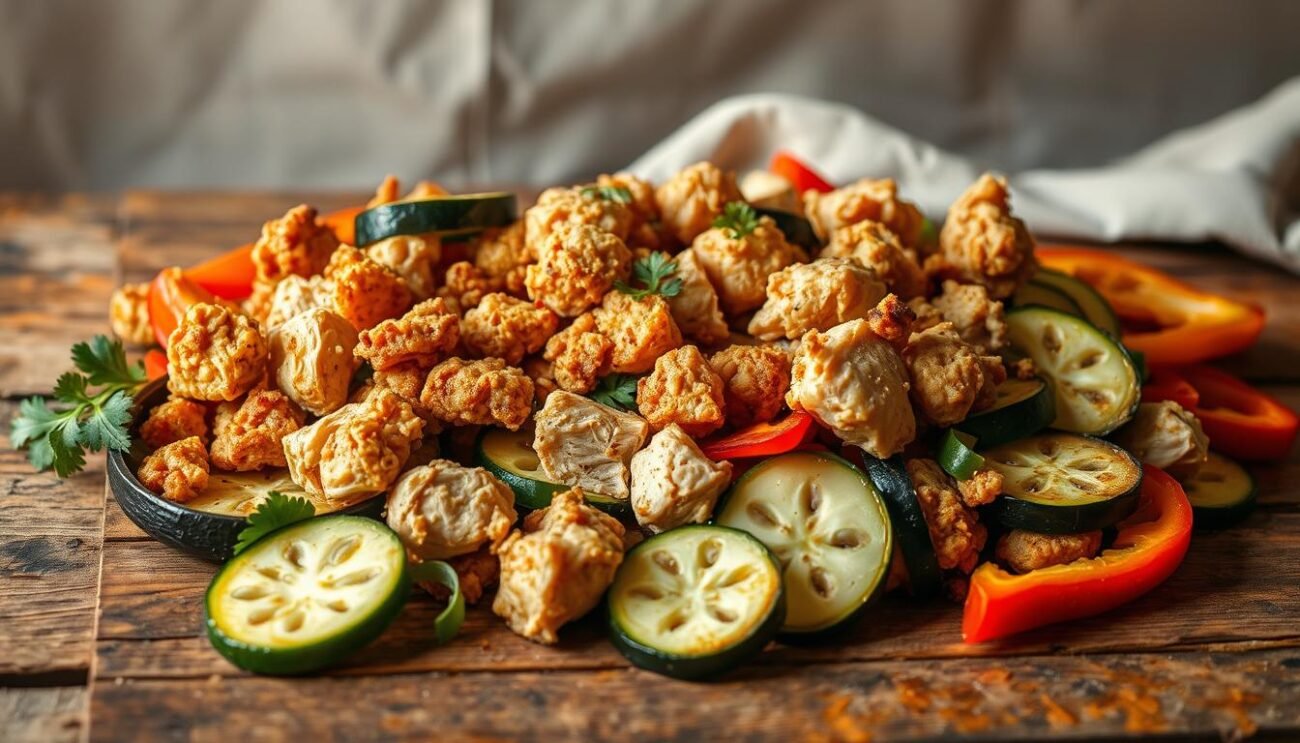 A rustic wooden table, its surface weathered and worn, serves as the stage for an array of ingredients that epitomize the traditional Piedmontese fried mixed dish. Crisp, golden-brown chunks of veal and chicken mingle with vibrant slices of zucchini, eggplant, and peppers, their textures and colors creating a visually captivating composition. The lighting, warm and soft, casts gentle shadows, emphasizing the three-dimensional nature of the arrangement. In the background, a backdrop of natural textures, such as a linen cloth or a simple wall, provides a simple yet elegant setting, allowing the ingredients to take center stage. The overall mood is one of rustic authenticity, capturing the essence of this beloved regional culinary tradition.