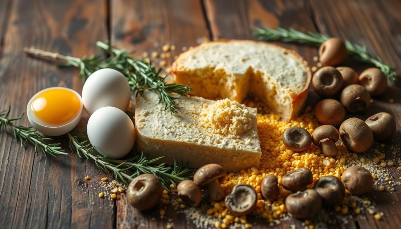A rustic wooden table, its surface worn by time, holds a bountiful spread of traditional Trentino ingredients for the forgotten Smacafam savory cake. Fresh eggs, a crumbly aged Puzzone di Moena cheese, fragrant rosemary sprigs, and a dusting of vibrant yellow cornmeal sit amidst a scattering of wild foraged mushrooms. Soft, ambient lighting casts a warm glow, emphasizing the earthy, homespun charm of this artisanal culinary heritage. The scene evokes the pastoral essence of the Trentino countryside, inviting the viewer to imagine the comforting flavors and textures of this authentic regional specialty. A rustic wooden table, its surface worn by time, holds a bountiful spread of traditional Trentino ingredients for the forgotten Smacafam savory cake. Fresh eggs, a crumbly aged Puzzone di Moena cheese, fragrant rosemary sprigs, and a dusting of vibrant yellow cornmeal sit amidst a scattering of wild foraged mushrooms. Soft, ambient lighting casts a warm glow, emphasizing the earthy, homespun charm of this artisanal culinary heritage. The scene evokes the pastoral essence of the Trentino countryside, inviting the viewer to imagine the comforting flavors and textures of this authentic regional specialty.