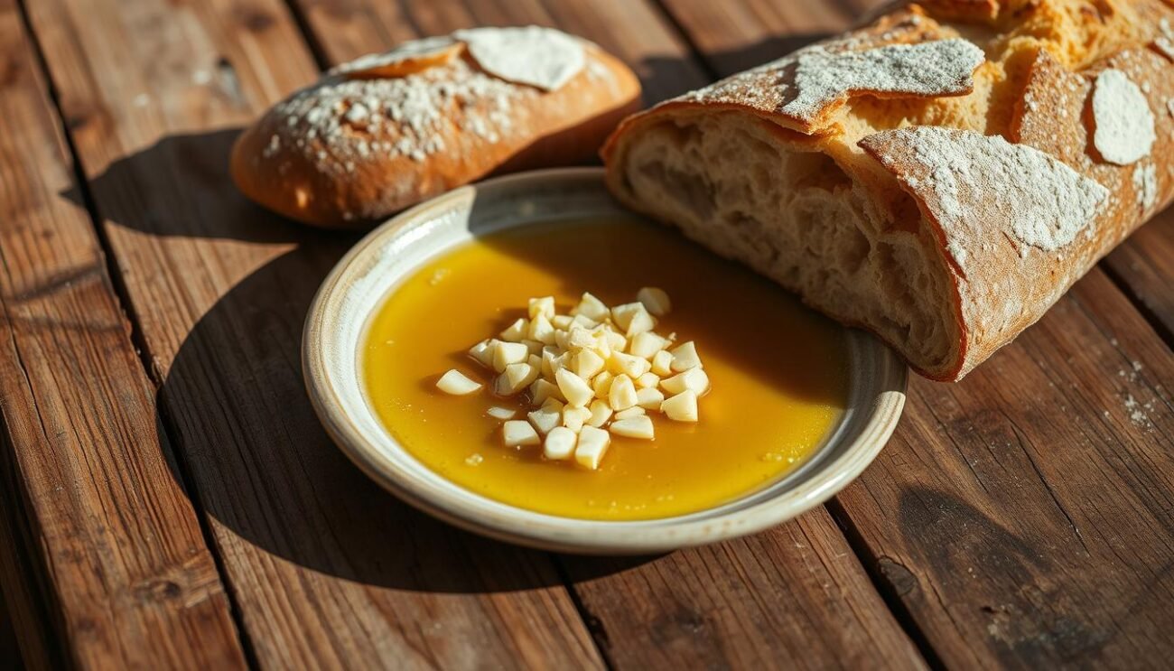 A rustic wooden table, its surface worn by time, supports a simple yet inviting dish. In the center, a small pile of freshly chopped garlic, its pungent aroma mingling with the golden hue of the extra virgin olive oil glistening around it. Nearby, a crusty loaf of traditional Italian bread, its crust dusted with flour, awaits to be dipped and soaked in this simple, yet flavorful combination. The scene is bathed in soft, natural light, casting gentle shadows that accentuate the textures and warmth of the ingredients. This is the essence of "Soma d'Aglio," a humble yet beloved dish that embodies the rustic charm and culinary traditions of the Italian countryside.