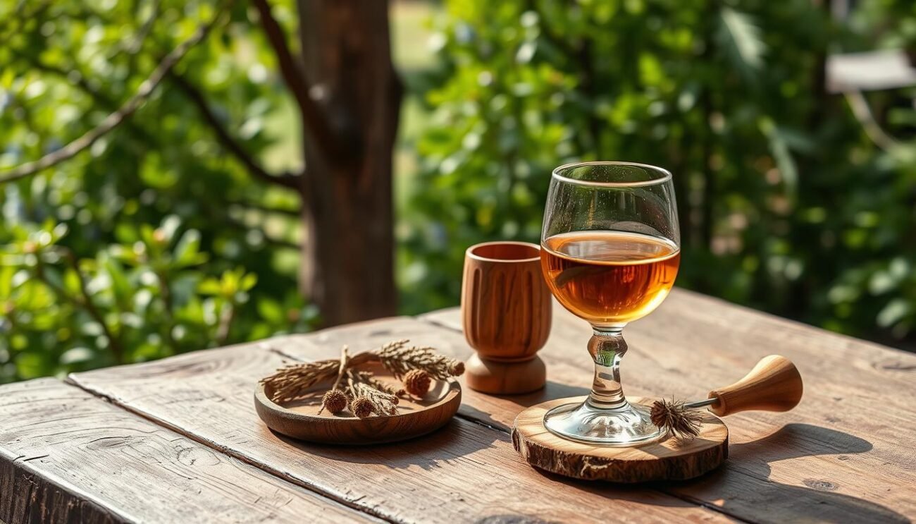A rustic wooden table set against a backdrop of lush, verdant alpine foliage. On the table, a crystal glass filled with a golden-amber liquid, accompanied by a carved wooden tasting glass and a small plate displaying dried herbs and pine needles. Soft, natural lighting filters through the scene, casting a warm, inviting glow. The overall mood is one of tranquility and appreciation for the rich, earthy flavors of the Grappa Alpino, a harmonious blend of mountain-infused grappa, genepì, and mugo pine syrup.
