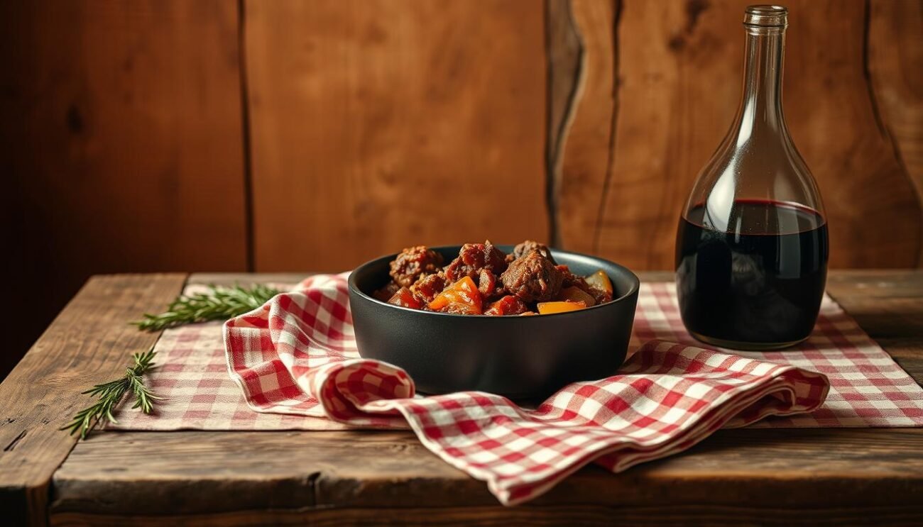 A rustic wooden table set against a warm, earthy backdrop. In the center, a hearty stew simmers, its rich, ruby-red hue betraying the depth of flavor within. Tender chunks of beef, caramelized onions, and a hint of rosemary waft through the air, creating an inviting and nostalgic atmosphere. The table is adorned with a simple, checkered tablecloth, and a carafe of robust red wine stands ready to complement the savory dish. Soft, natural lighting filters in, casting a cozy glow over the scene, transporting the viewer to a quintessential Italian kitchen, where the traditions of Carbonade Valdostana are honored and preserved. A rustic wooden table set against a warm, earthy backdrop. In the center, a hearty stew simmers, its rich, ruby-red hue betraying the depth of flavor within. Tender chunks of beef, caramelized onions, and a hint of rosemary waft through the air, creating an inviting and nostalgic atmosphere. The table is adorned with a simple, checkered tablecloth, and a carafe of robust red wine stands ready to complement the savory dish. Soft, natural lighting filters in, casting a cozy glow over the scene, transporting the viewer to a quintessential Italian kitchen, where the traditions of Carbonade Valdostana are honored and preserved.