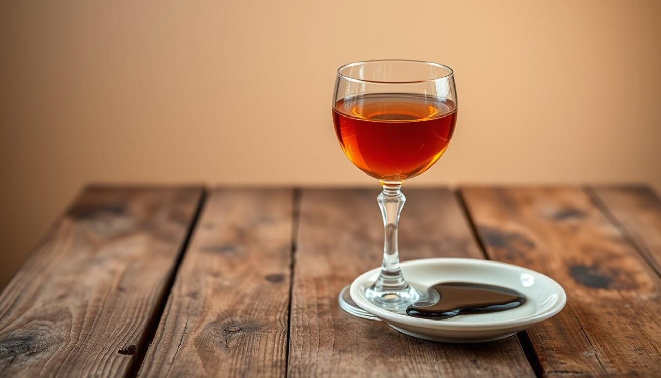 A rustic wooden table set with a delicate crystal glass, filled with the rich, amber hue of nocino, a traditional Italian walnut liqueur. Alongside, a small ceramic dish holds a drizzle of balsamic vinegar reduction, its dark, syrupy texture contrasting with the clarity of the liquor. Soft, warm lighting casts a cozy, inviting glow, while the background features a simple, minimalist setting, allowing the focus to remain on the artful presentation of this innovative pairing. The overall atmosphere evokes a sense of refined elegance and the celebration of Italian culinary traditions.