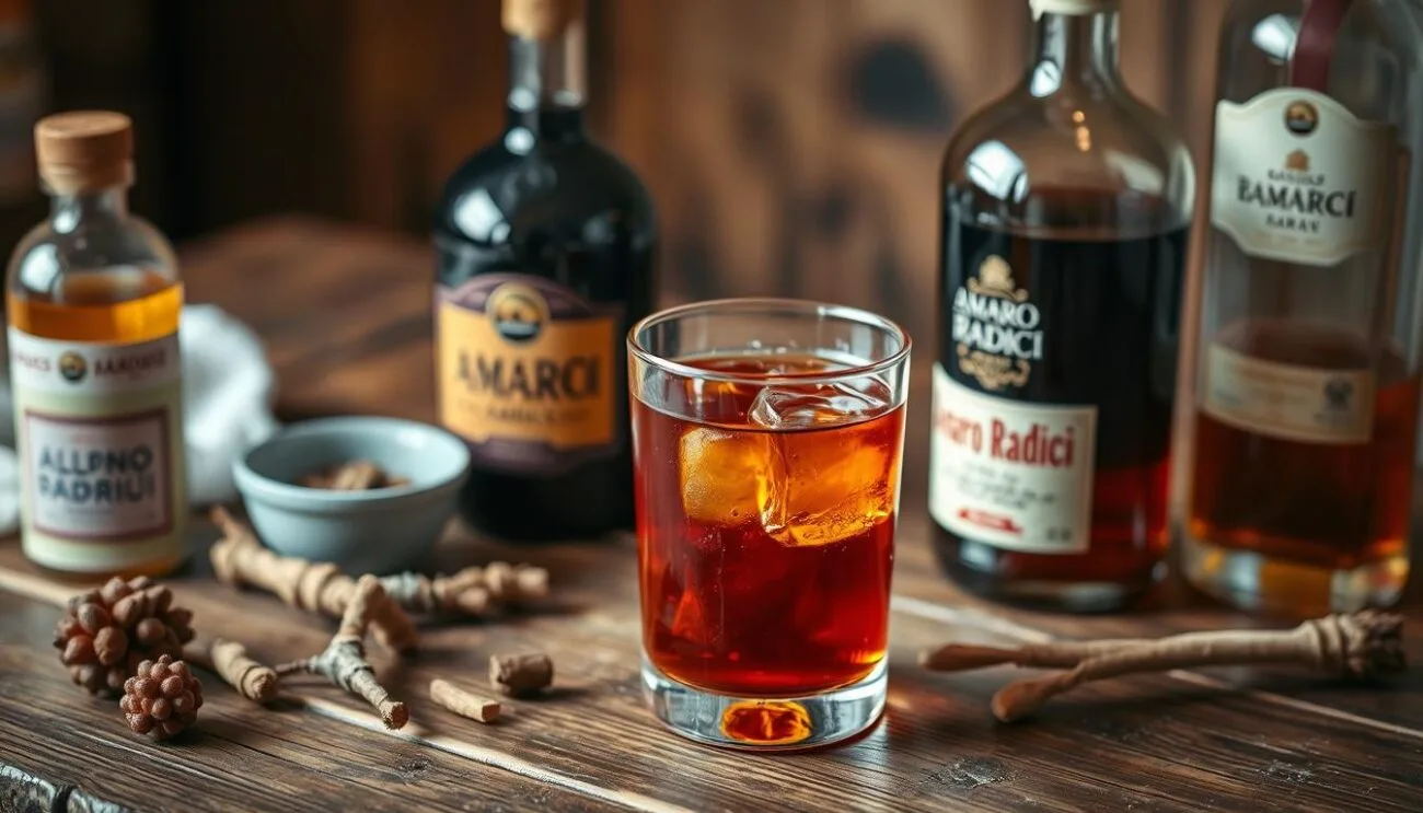 A rustic wooden table set with a glass filled with a rich, amber-colored amaro, surrounded by artisanal ingredients like alpine roots, birch syrup, and a stylish bottle of Amaro Radici. Soft, warm lighting casts a cozy glow, highlighting the depth and complexity of the drink. The scene conveys a sense of tradition, craftsmanship, and the subtle pleasures of savoring a thoughtfully-made aperitif. Captured with a professional, high-quality lens to emphasize the inviting textures and tones of the scene.