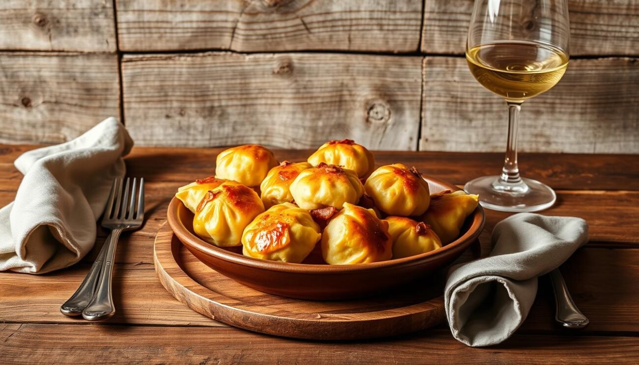 A rustic wooden table set with a traditional Trentino dish, canederli trentini. The homemade bread dumplings are nestled in a shallow bowl, their golden-brown exterior glistening under warm, diffused lighting. Flecks of speck (smoked pork) peek out, hinting at the savory flavors within. The table is flanked by a neatly folded linen napkin and a glass of crisp white wine, creating a cozy, inviting scene. In the background, a weathered wooden wall adds depth and character, evoking the historic roots of this beloved regional specialty. The overall atmosphere is one of simple, authentic elegance - a reflection of the dish's evolution from humble peasant fare to a cherished part of modern Trentino cuisine.