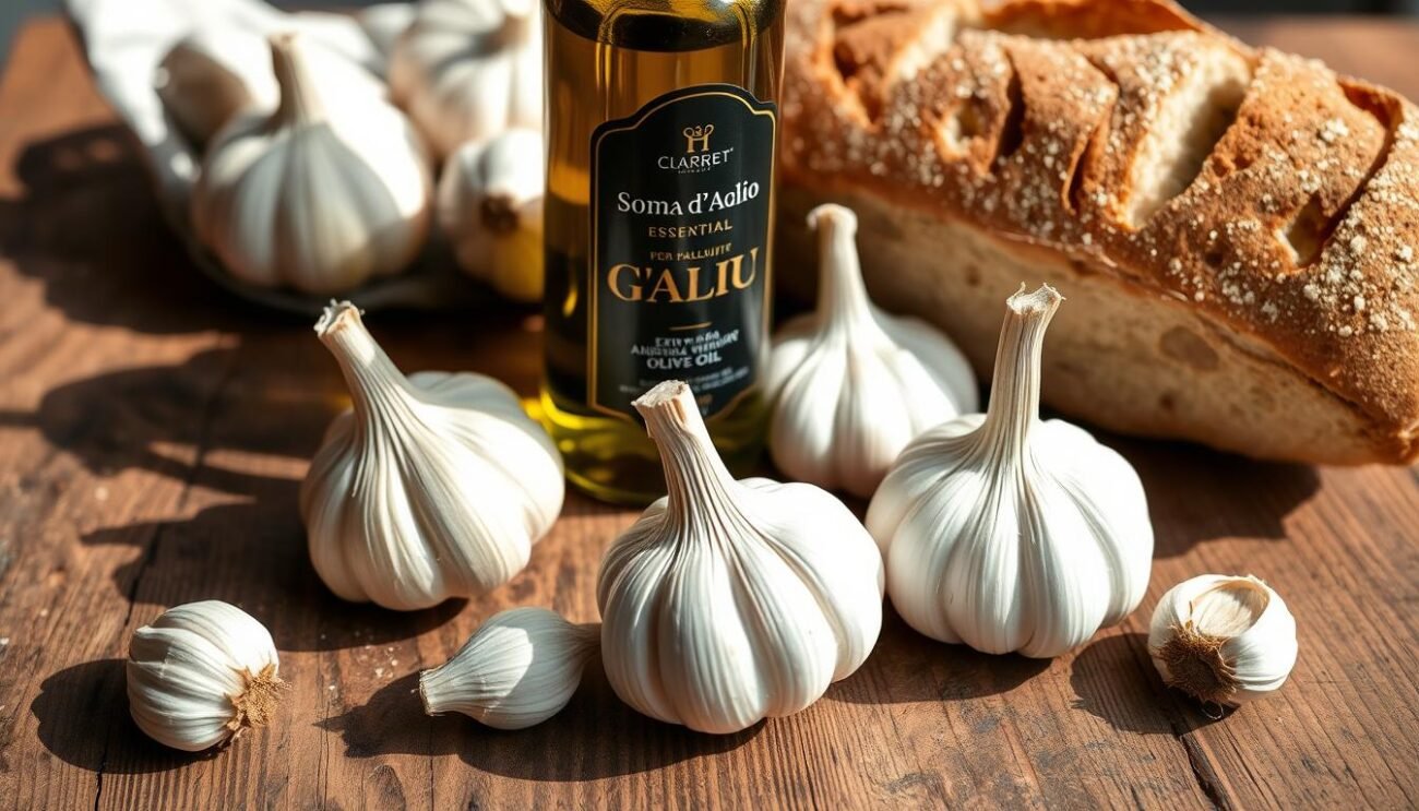 A rustic wooden table set with the essential ingredients for the perfect Soma d'Aglio: fresh garlic bulbs, a bottle of high-quality extra virgin olive oil, and a crusty loaf of artisanal bread. The natural lighting casts warm shadows, highlighting the textural details of the simple, yet flavorful components. The mood is one of humble, Italian countryside tradition, inviting the viewer to imagine the comforting aroma and flavors of this beloved peasant dish. Photographed from a low angle, the arrangement fills the frame, creating an appetizing and authentic visual representation of the "Ingredienti per la Perfetta Soma d'Aglio".