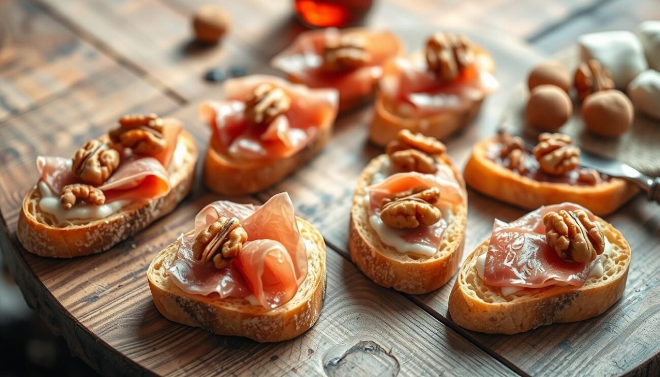 A rustic wooden table showcases a delightful spread of crostini senesi, topped with delicate slices of prosciutto crudo and crunchy walnuts. The bread is golden and crisp, the prosciutto glistens, and the walnuts add a satisfying crunch. Soft, natural lighting illuminates the scene, casting a warm, inviting glow. The composition is elegant and appetizing, perfectly capturing the essence of this classic Sienese delicacy. This image embodies the perfect occasion to serve these traditional crostini, complementing the rich flavors and textures of the dish.