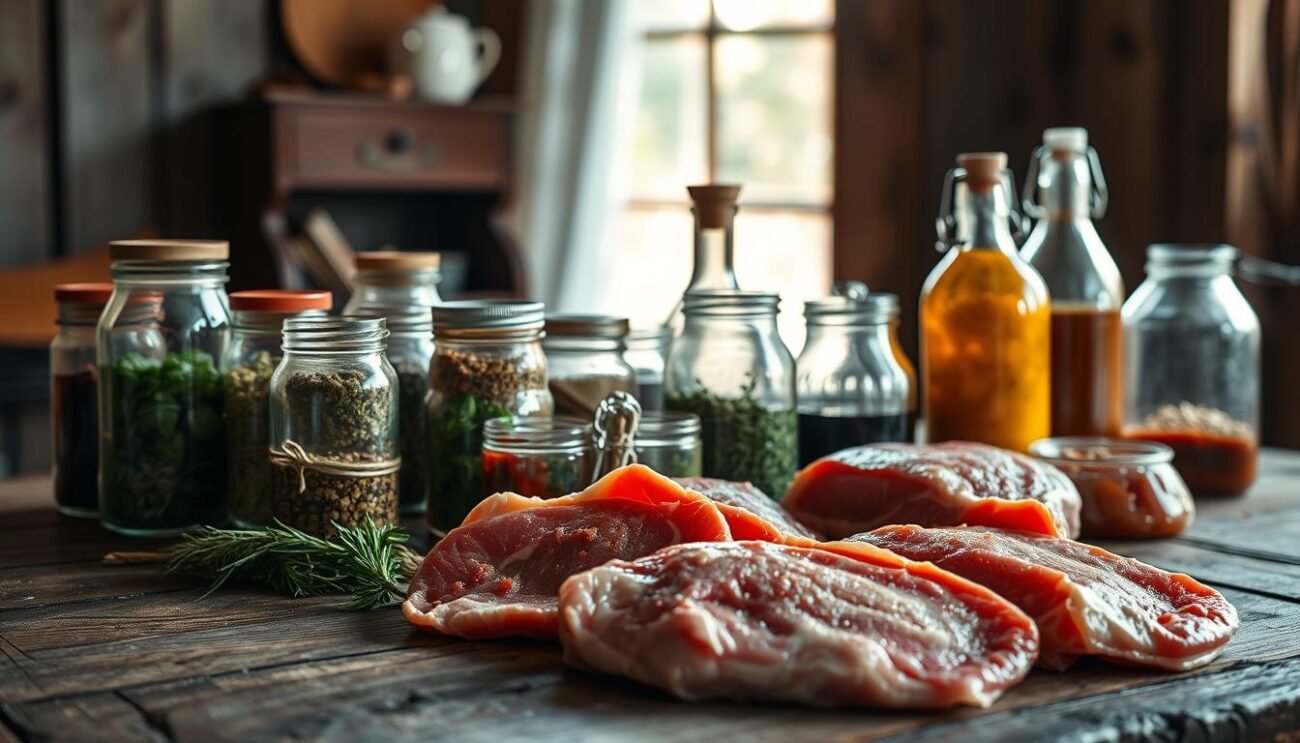 A rustic wooden table, sunlight filtering through the window, casting a warm glow on an array of glass and ceramic containers. Various herbs, spices, and marinades sit in these vessels, their aromas mingling together. The scene evokes a sense of culinary experimentation and the timeless art of preparing meat. In the foreground, a selection of fresh cuts of meat await their fate, their textures and hues hinting at the transformative power of the marinades. The background is softly blurred, allowing the viewer to focus on the central elements of this meticulous culinary process. An atmosphere of patient anticipation permeates the scene, inviting the viewer to consider the delicate balance of time and technique that shapes the final flavors. A rustic wooden table, sunlight filtering through the window, casting a warm glow on an array of glass and ceramic containers. Various herbs, spices, and marinades sit in these vessels, their aromas mingling together. The scene evokes a sense of culinary experimentation and the timeless art of preparing meat. In the foreground, a selection of fresh cuts of meat await their fate, their textures and hues hinting at the transformative power of the marinades. The background is softly blurred, allowing the viewer to focus on the central elements of this meticulous culinary process. An atmosphere of patient anticipation permeates the scene, inviting the viewer to consider the delicate balance of time and technique that shapes the final flavors.