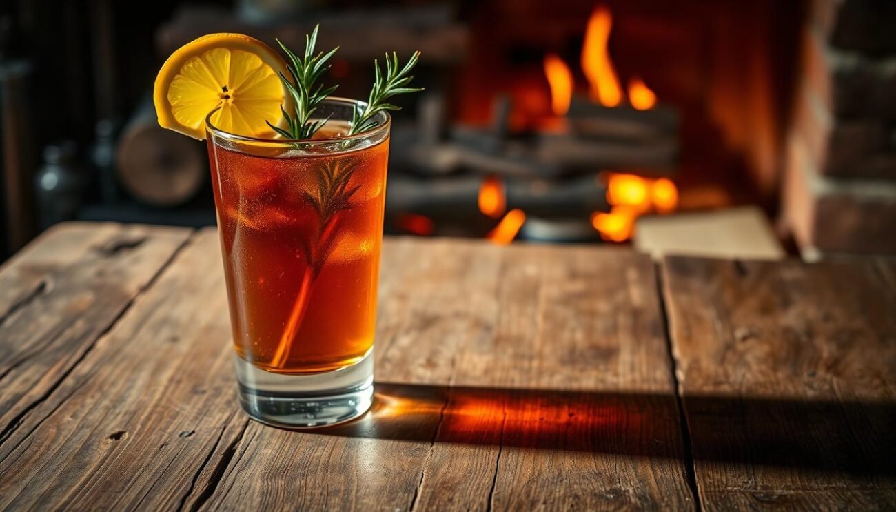 A rustic wooden table, the surface worn and weathered, holds a large glass filled with a smoky, amber-colored liquid. Vibrant green sprigs of fresh rosemary and a slice of lemon garnish the drink, casting gentle shadows across the tabletop. In the background, a hazy atmosphere suggests the presence of a crackling fireplace, its warm glow casting a cozy, inviting ambiance. The scene evokes the comforting and convivial spirit of an authentic Italian aperitivo, where the ritual of mixing and savoring this signature Lombard cocktail is celebrated. A rustic wooden table, the surface worn and weathered, holds a large glass filled with a smoky, amber-colored liquid. Vibrant green sprigs of fresh rosemary and a slice of lemon garnish the drink, casting gentle shadows across the tabletop. In the background, a hazy atmosphere suggests the presence of a crackling fireplace, its warm glow casting a cozy, inviting ambiance. The scene evokes the comforting and convivial spirit of an authentic Italian aperitivo, where the ritual of mixing and savoring this signature Lombard cocktail is celebrated.