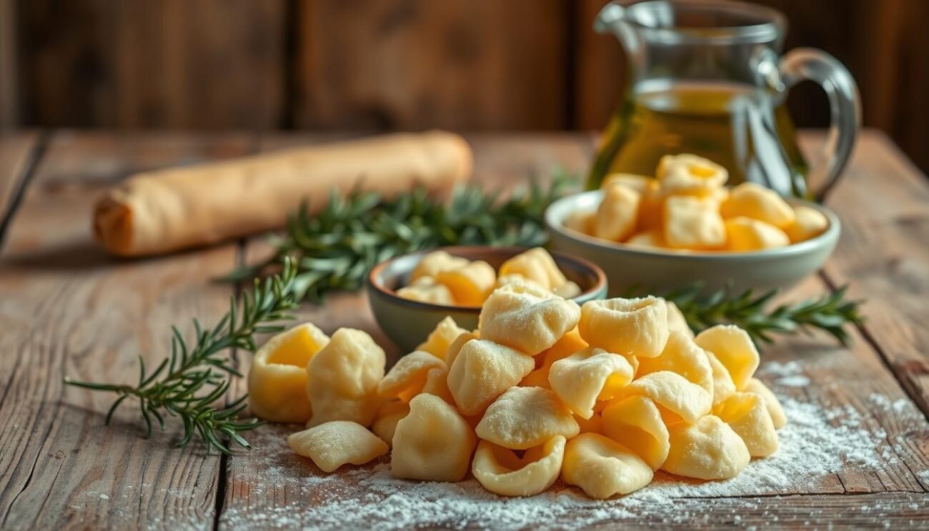 A rustic wooden table, weathered and worn, is the canvas for an array of fresh ingredients. In the foreground, a pile of hand-rolled gnocchi dough, tender and dusted with flour, awaits its transformation. Alongside, a bundle of fresh rosemary, its verdant leaves catching the soft, diffused light. In the middle ground, a small bowl overflows with golden-brown gnocchi fritti, their crisp exteriors beckoning to be savored. In the background, a glass pitcher filled with a rich, translucent olive oil reflects the warm, ambient lighting, creating a cozy, inviting atmosphere. The scene captures the essence of the Gnocco Fritto Modenese, a beloved regional delicacy, with its simple, yet sumptuous ingredients and the artistry of traditional Italian cuisine. A rustic wooden table, weathered and worn, is the canvas for an array of fresh ingredients. In the foreground, a pile of hand-rolled gnocchi dough, tender and dusted with flour, awaits its transformation. Alongside, a bundle of fresh rosemary, its verdant leaves catching the soft, diffused light. In the middle ground, a small bowl overflows with golden-brown gnocchi fritti, their crisp exteriors beckoning to be savored. In the background, a glass pitcher filled with a rich, translucent olive oil reflects the warm, ambient lighting, creating a cozy, inviting atmosphere. The scene captures the essence of the Gnocco Fritto Modenese, a beloved regional delicacy, with its simple, yet sumptuous ingredients and the artistry of traditional Italian cuisine.