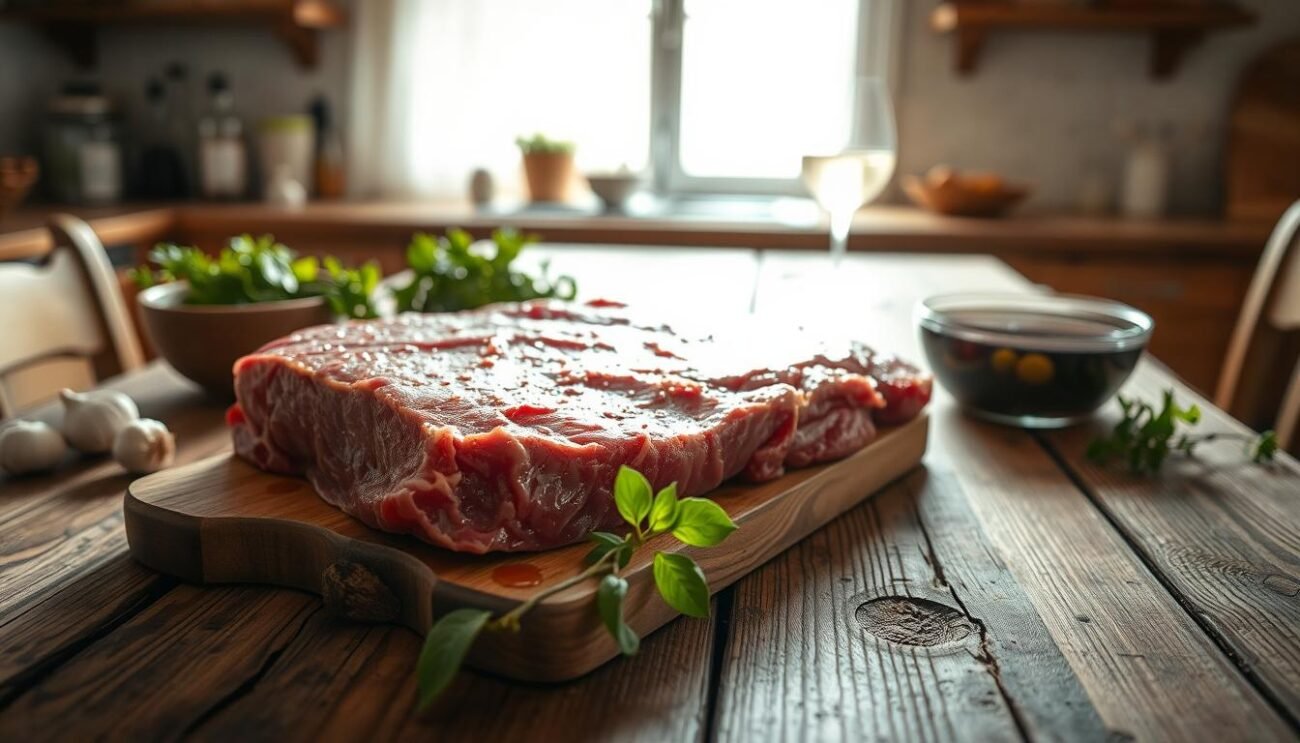 A rustic wooden table, weathered and worn, is the centerpiece of the scene. On it, a slab of raw beef, glistening with marinade, rests alongside fresh herbs, garlic, and a bowl of wine. Soft, natural lighting filters through a window, casting a warm glow over the scene. The atmosphere is one of calm and contemplation, inviting the viewer to imagine the flavorful transformation the meat will undergo through the marinatura process. In the background, a faint outline of a traditional Italian kitchen adds to the authenticity of the image. A rustic wooden table, weathered and worn, is the centerpiece of the scene. On it, a slab of raw beef, glistening with marinade, rests alongside fresh herbs, garlic, and a bowl of wine. Soft, natural lighting filters through a window, casting a warm glow over the scene. The atmosphere is one of calm and contemplation, inviting the viewer to imagine the flavorful transformation the meat will undergo through the marinatura process. In the background, a faint outline of a traditional Italian kitchen adds to the authenticity of the image.