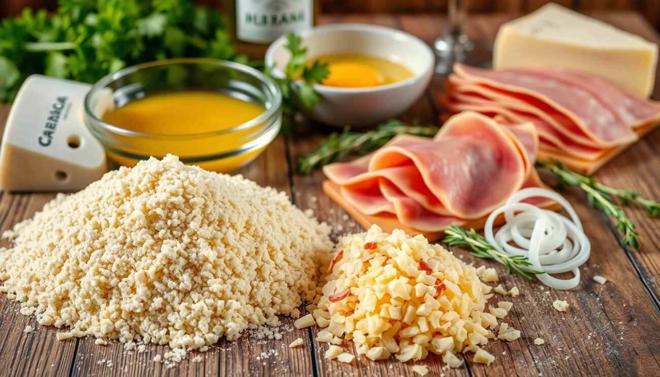 A rustic wooden table with a selection of traditional Italian ingredients for preparing canederli allo speck. In the foreground, a pile of fresh breadcrumbs, grated Parmesan cheese, and finely chopped onions. In the middle ground, a bowl of beaten eggs and a stack of sliced speck (cured Italian ham). In the background, a bundle of fresh parsley, a wedge of Grana Padano cheese, and a glass of white wine. The scene is bathed in warm, natural lighting, capturing the authentic, homemade essence of this beloved Trentino dish.