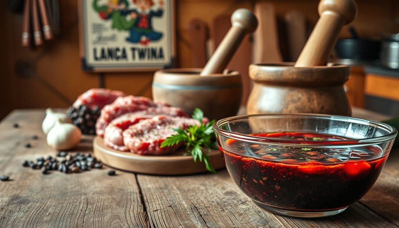 A rustic wooden table with a selection of traditional Italian marinades and seasonings. In the foreground, a glass bowl filled with a deep red wine-based marinade, glistening with aromatic herbs and spices. Beside it, a pile of tenderized beef cuts, ready to be submerged in the flavorful liquid. In the middle ground, a vintage mortar and pestle, used to grind peppercorns, garlic, and other aromatic ingredients. The background features a warm, earthy-toned kitchen setting, with a vintage Italian poster hanging on the wall, adding to the authentic, time-honored atmosphere. The lighting is soft and indirect, casting gentle shadows and highlights on the scene, emphasizing the textures and colors of the ingredients. A rustic wooden table with a selection of traditional Italian marinades and seasonings. In the foreground, a glass bowl filled with a deep red wine-based marinade, glistening with aromatic herbs and spices. Beside it, a pile of tenderized beef cuts, ready to be submerged in the flavorful liquid. In the middle ground, a vintage mortar and pestle, used to grind peppercorns, garlic, and other aromatic ingredients. The background features a warm, earthy-toned kitchen setting, with a vintage Italian poster hanging on the wall, adding to the authentic, time-honored atmosphere. The lighting is soft and indirect, casting gentle shadows and highlights on the scene, emphasizing the textures and colors of the ingredients.