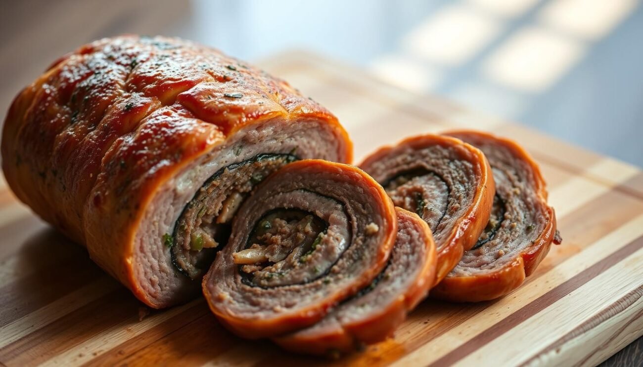 A savory Genoese-style cima, a traditional stuffed meat roll from the Ligurian coast, sits majestically on a wooden cutting board. Its golden-brown exterior, achieved through precise searing, invites closer inspection. The tender meat filling, a symphony of aromatic herbs and spices, peeks out temptingly. Carefully sliced, the cima reveals its cross-section, showcasing the intricate layering of ingredients that tells the story of Ligurian culinary heritage. Soft natural lighting casts subtle shadows, highlighting the dish's textural details and creating an inviting, authentic atmosphere. This image, a visual representation of the "Preparazione della Cima alla Genovese: Passo dopo Passo" section, captures the essence of this beloved regional specialty. A savory Genoese-style cima, a traditional stuffed meat roll from the Ligurian coast, sits majestically on a wooden cutting board. Its golden-brown exterior, achieved through precise searing, invites closer inspection. The tender meat filling, a symphony of aromatic herbs and spices, peeks out temptingly. Carefully sliced, the cima reveals its cross-section, showcasing the intricate layering of ingredients that tells the story of Ligurian culinary heritage. Soft natural lighting casts subtle shadows, highlighting the dish's textural details and creating an inviting, authentic atmosphere. This image, a visual representation of the "Preparazione della Cima alla Genovese: Passo dopo Passo" section, captures the essence of this beloved regional specialty.